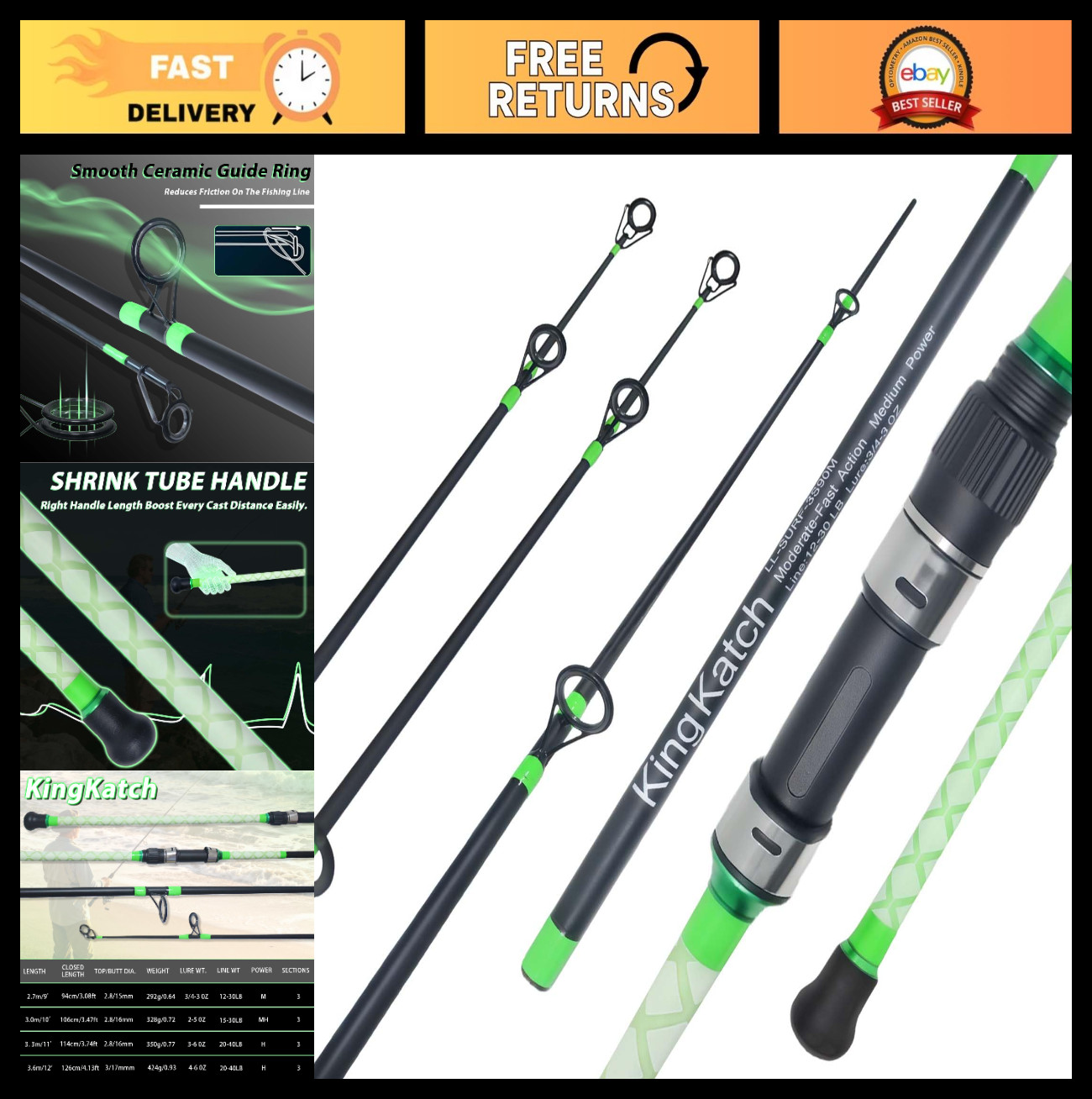 Lightweight 3-Piece Carbon Fiber Surf Fishing Rod 9’/10’/11’/12′, 2 Tips, Long-C