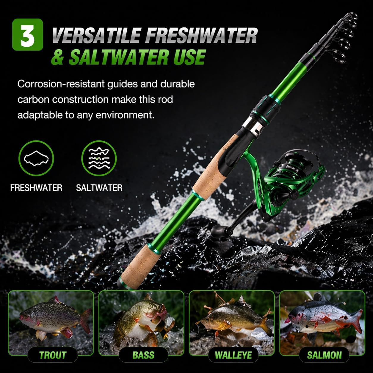 Portable Telescopic Spinning Fishing Rods, 24T Carbon Blanks & Solid Carbon Tip,