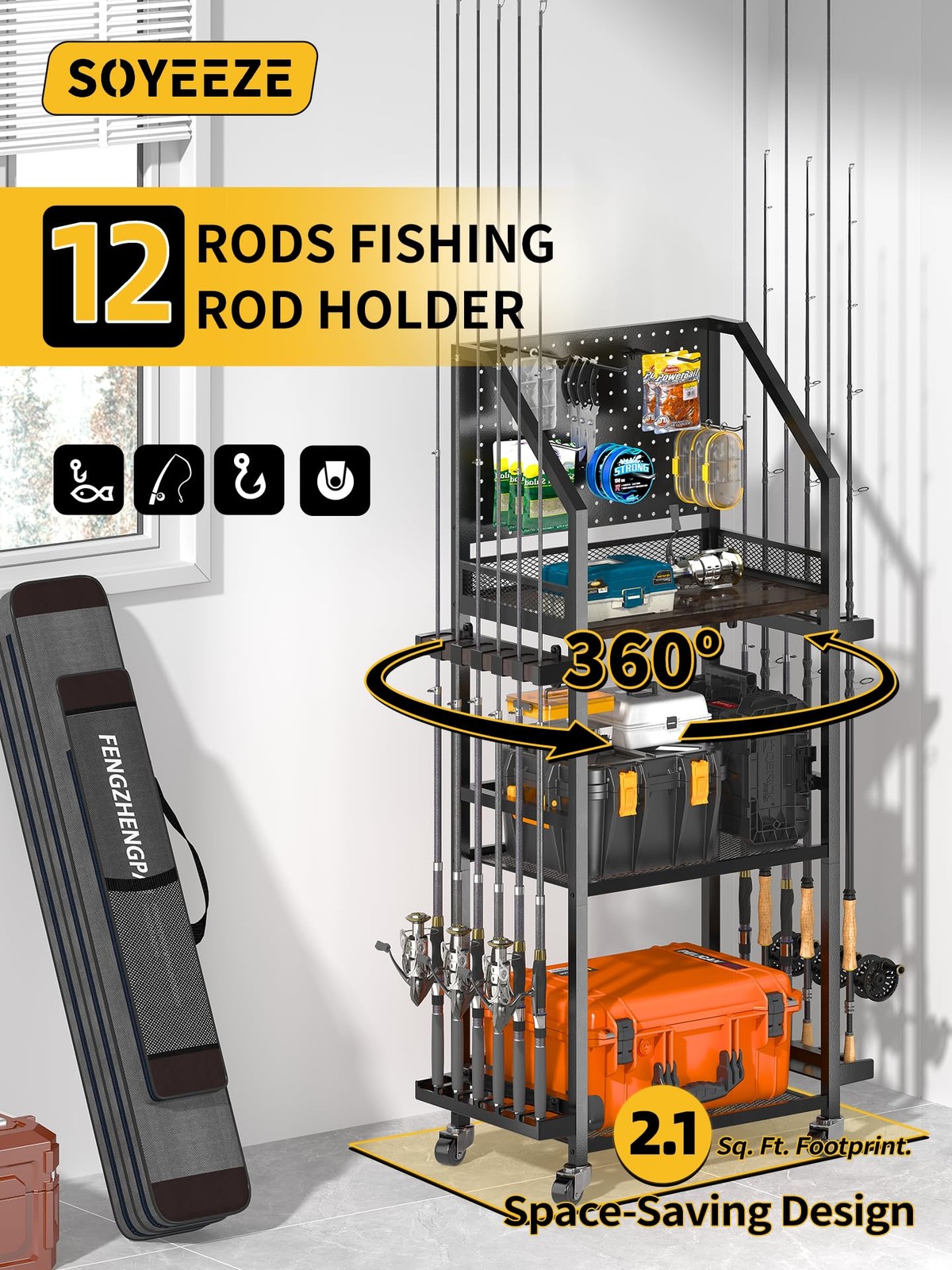 SOYEEZE Fishing Rod Holders for Garage, 3-Sided 6 hooks, Black-3-Sided