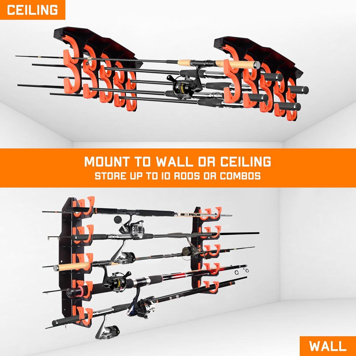 Fishing Rod Wall Rack Pole Holders Hold Up to 10 Rods,Fishing Pole Holder Garage