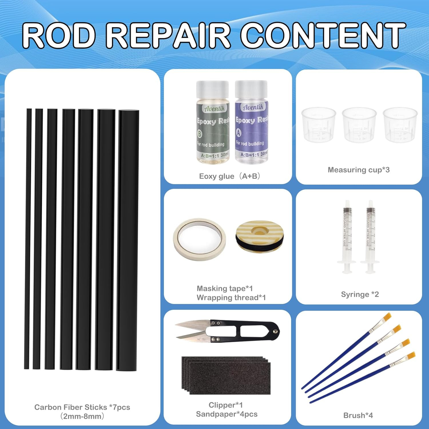 Fishing Rod Repair Kit Complete with Accesssories, Carbon Fiber Stick Fishing Po