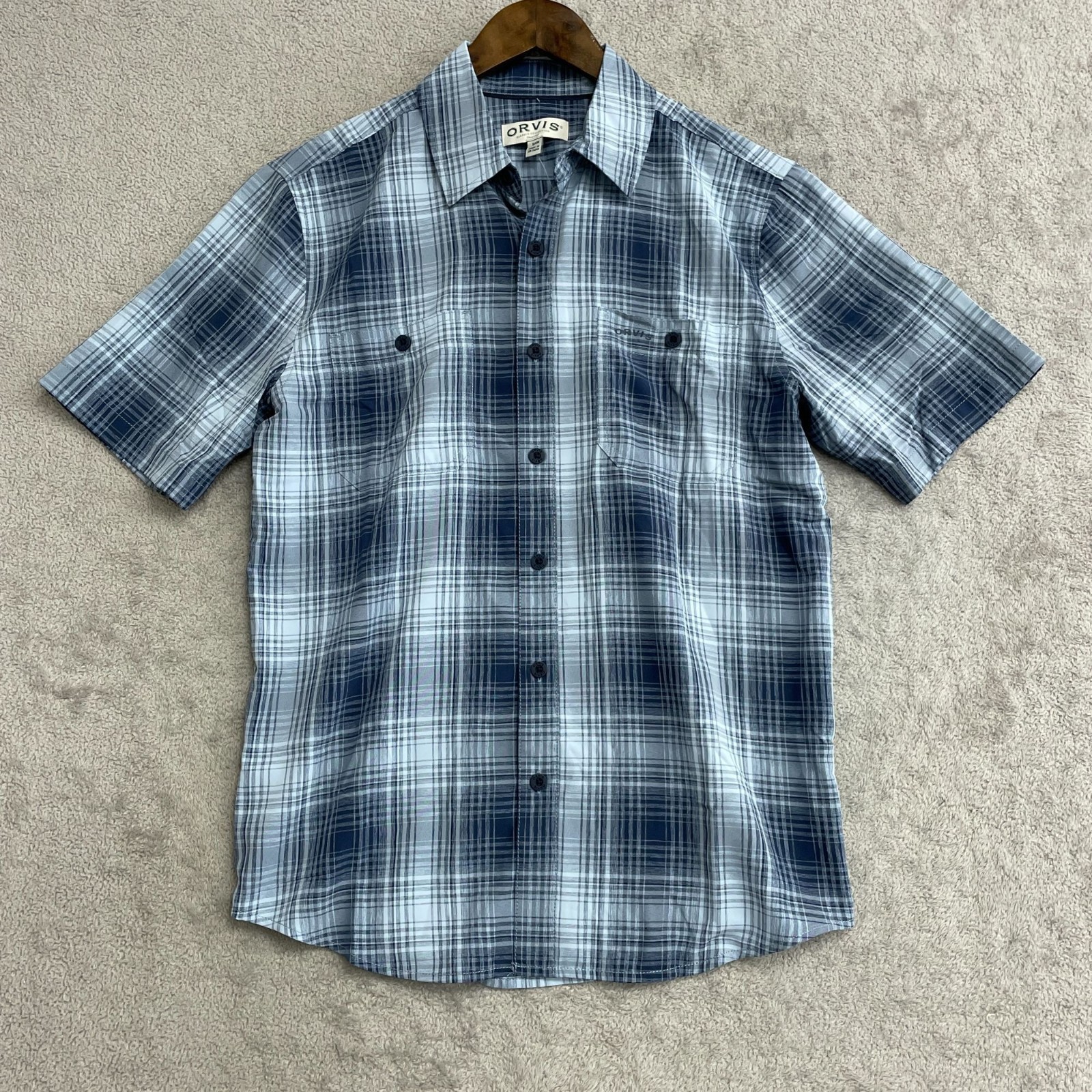 Orvis Men’s S Short Sleeve Plaid Button Up Shirt Outdoor Blue N0748
