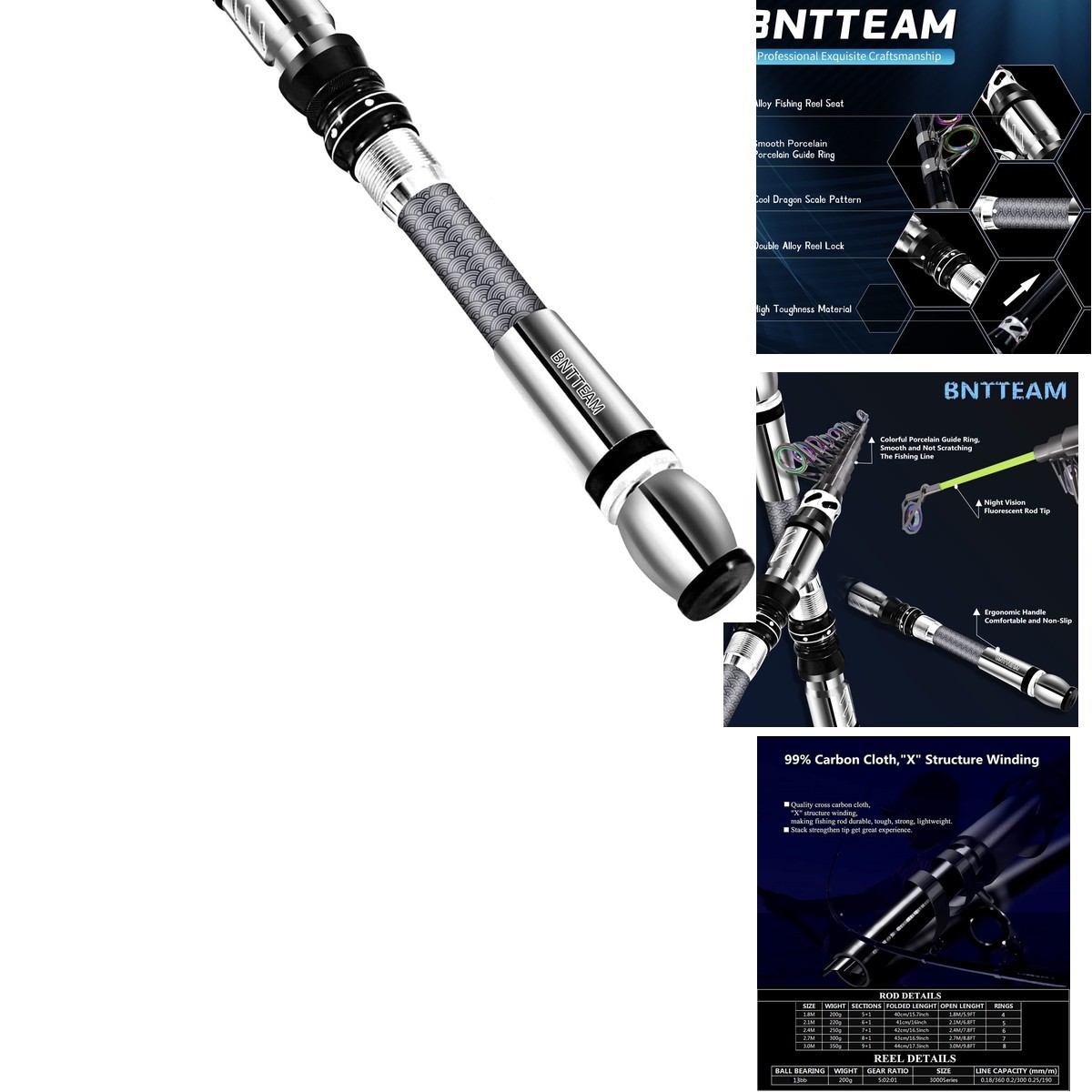 Bntteam Portable Fishing Spinning Rod And Reel Combo Set Carbon Fiber