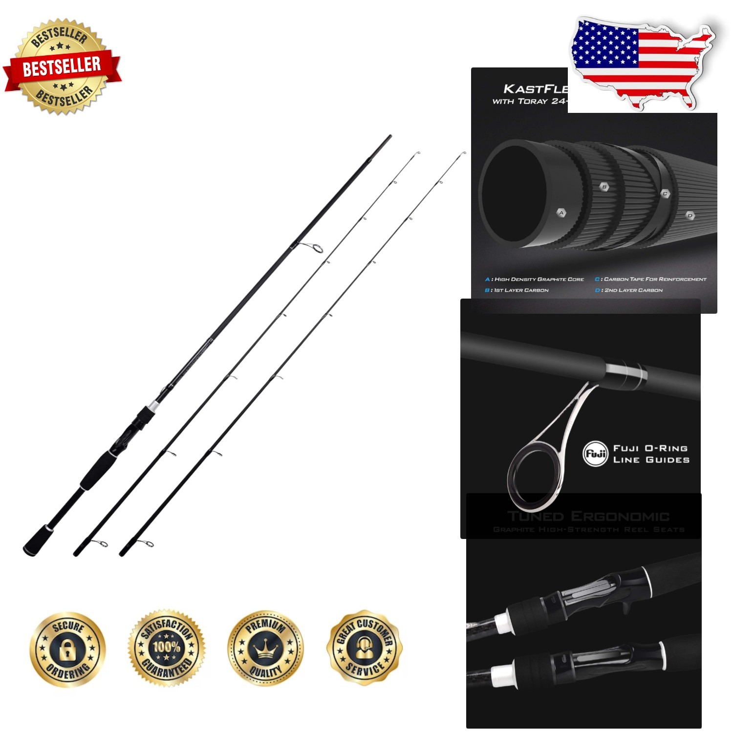 High Performance Perigee II 7′ Spinning Rod, Carbon Fiber, Fuji Guides, 2 Tips
