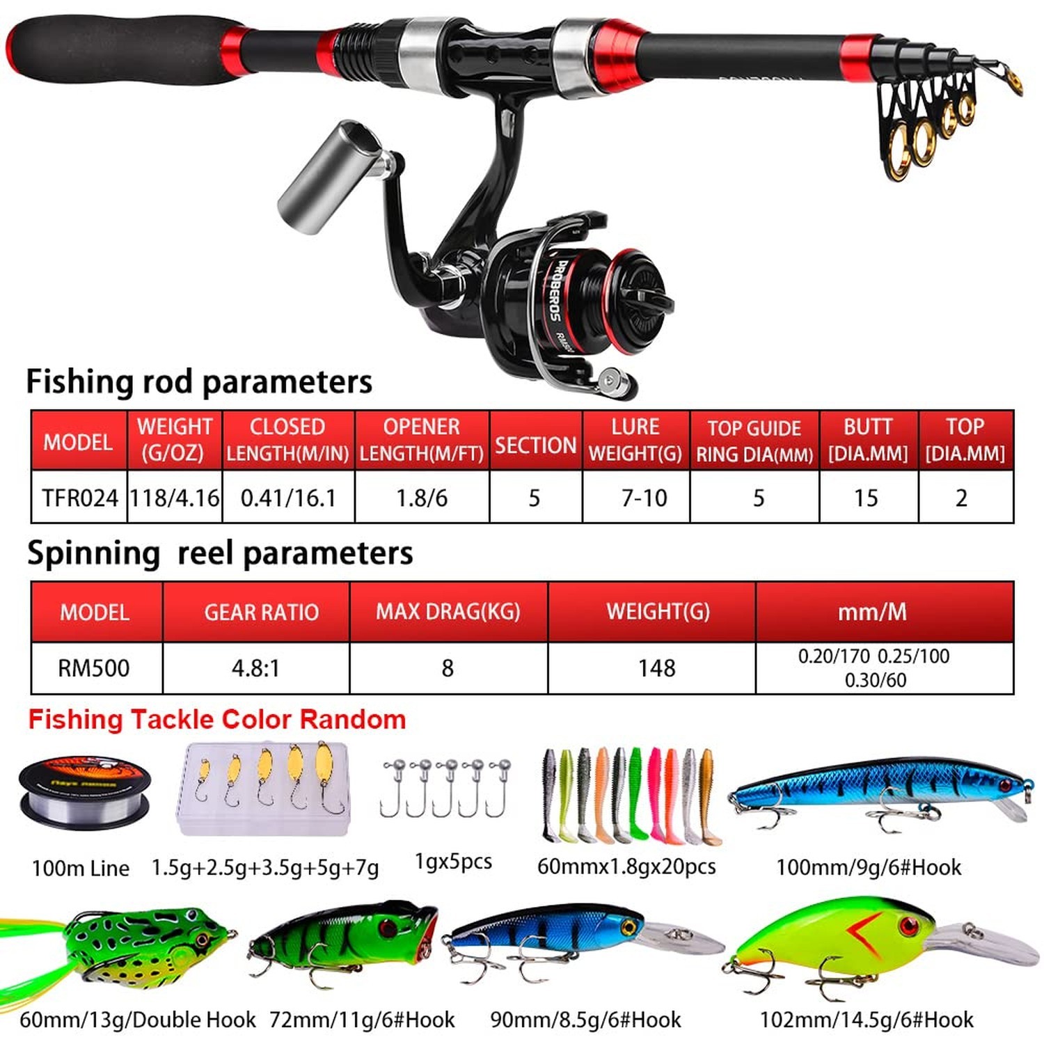 PROBEROS Kids Fishing Pole – Portable Telescopic Fishing Rod and Reel Combo K…