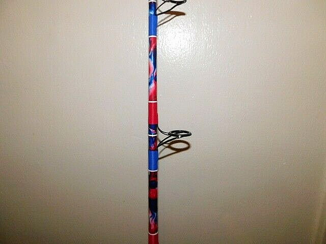 CUSTOM SPINNING ROD 7 FT 20-40 LB RED WHITE BLUE MARBLE NEW