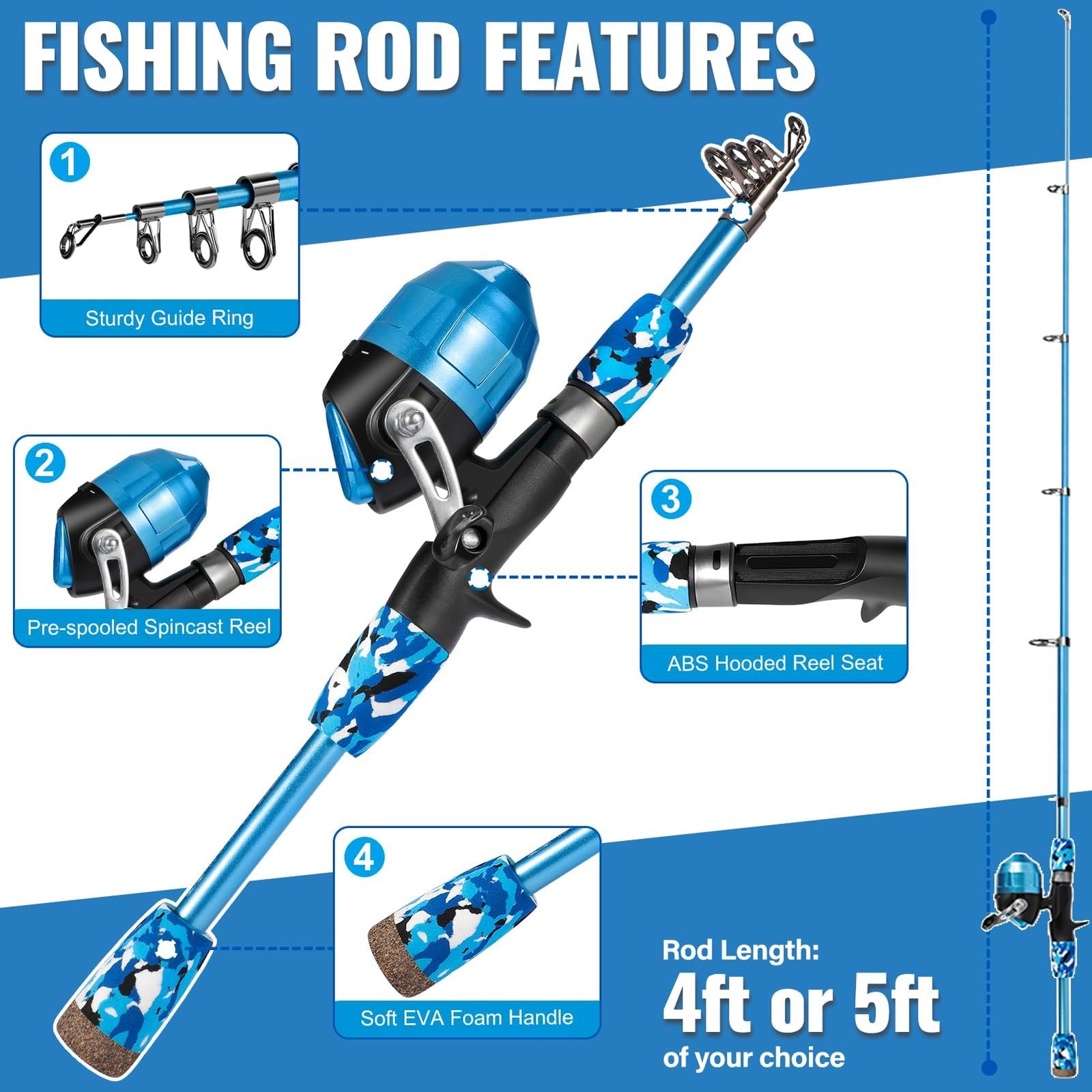 PLUSINNO Kids Fishing Pole with Spincast Reel Telescopic 4FT / 1.2M, Blue
