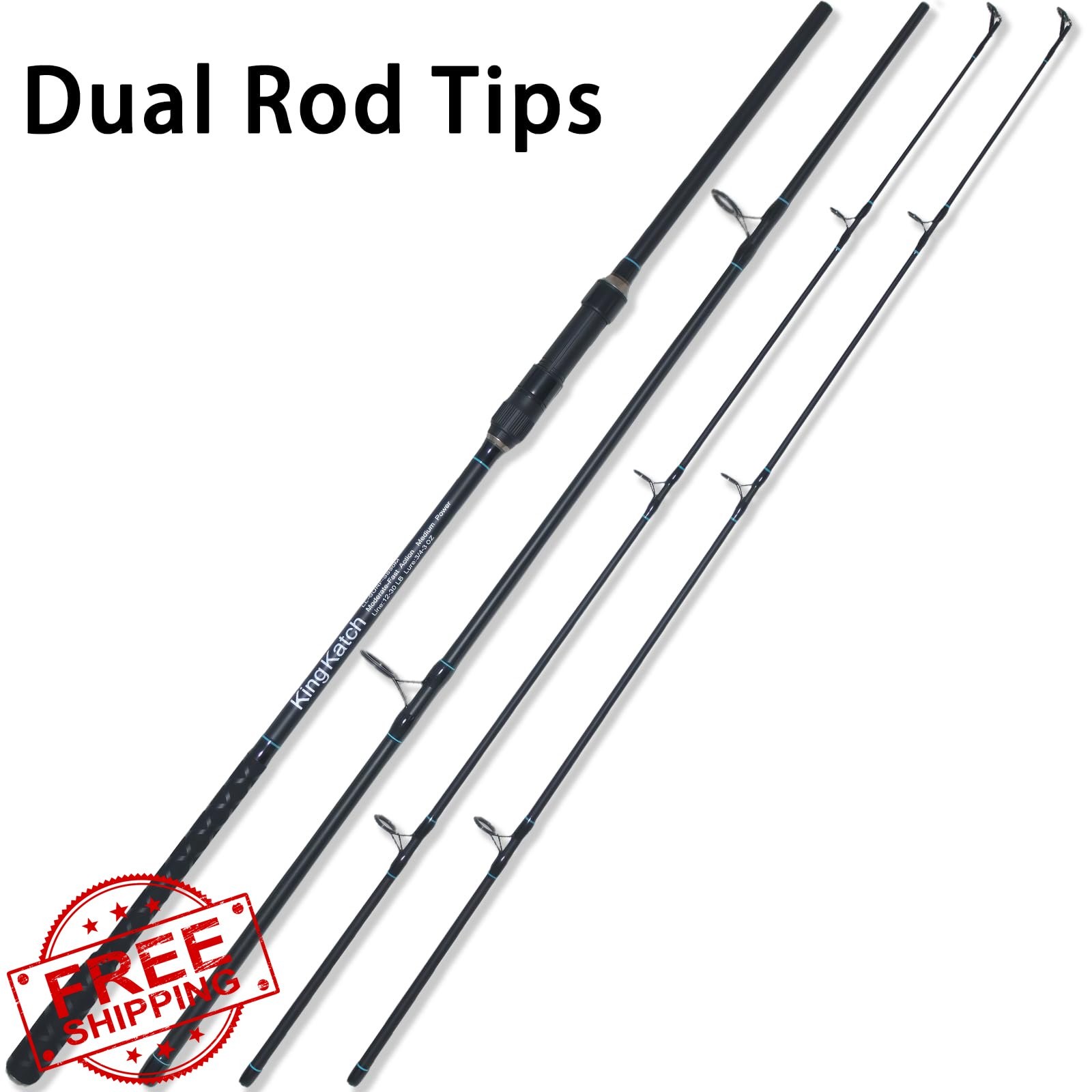 KingKatch Surf Spinning Rod 9′-12′ Carbon Fiber, 3-Piece, Saltwater, 2 Tips