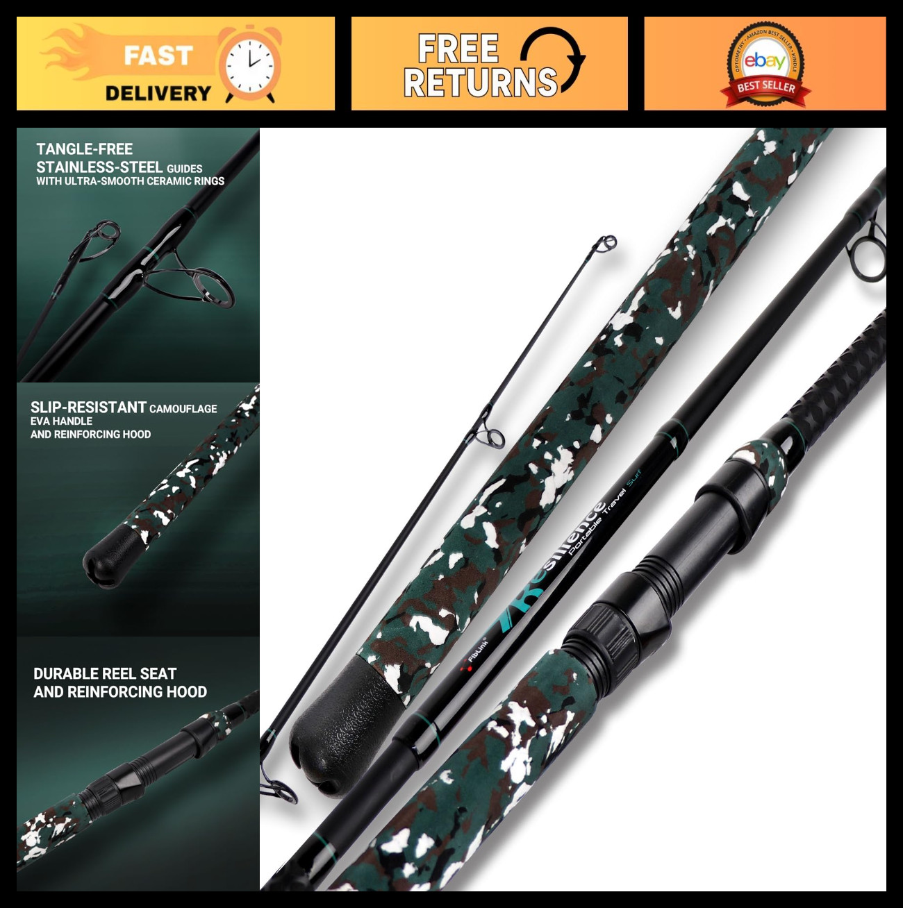 4-Piece Portable Surf Spinning Fishing Rod – Lightweight Carbon Fiber, Travel-Fr