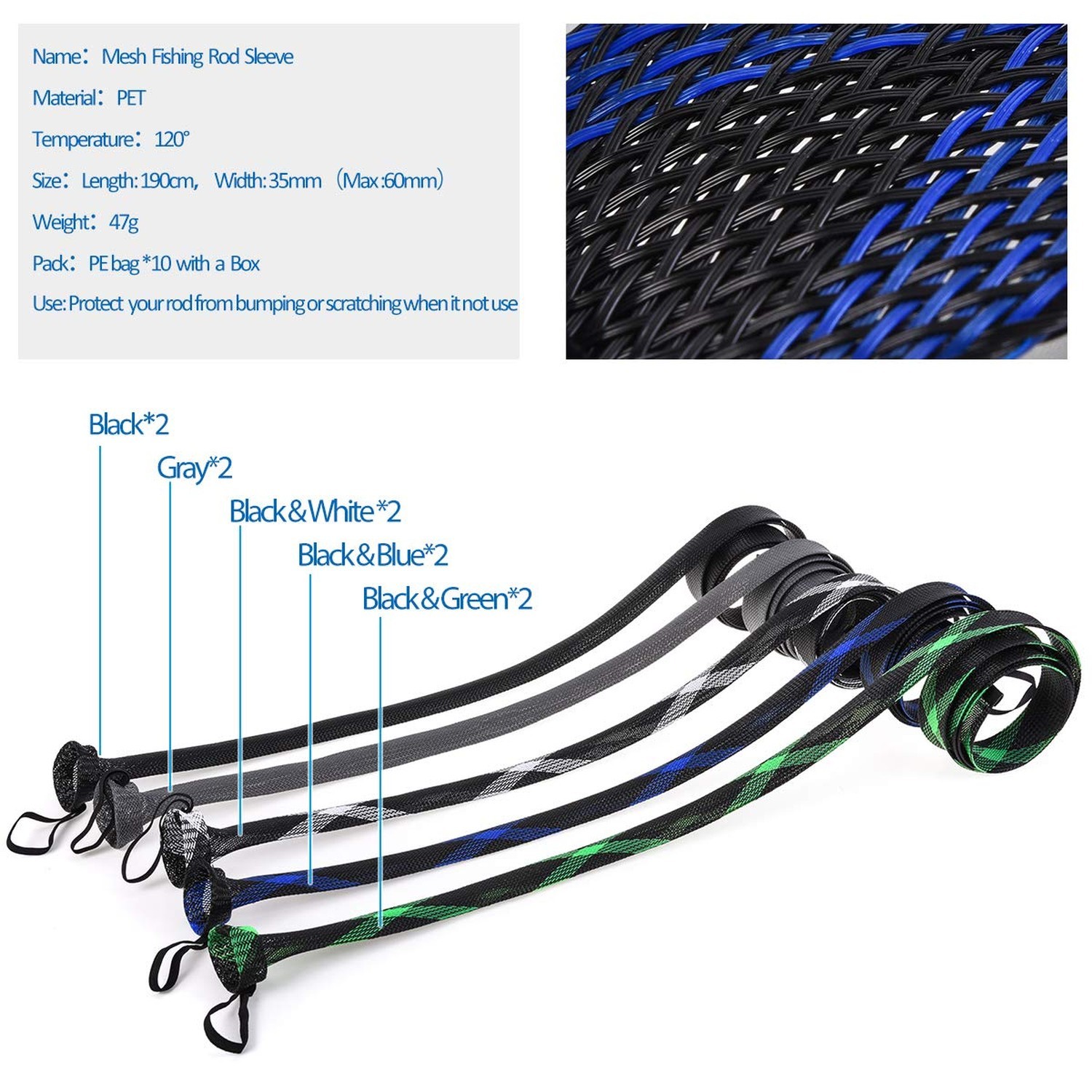 Leo 10 Pcs Rod Sock Sleeve Cover 190cm/74.8inches Braided Mesh Protector Pole…