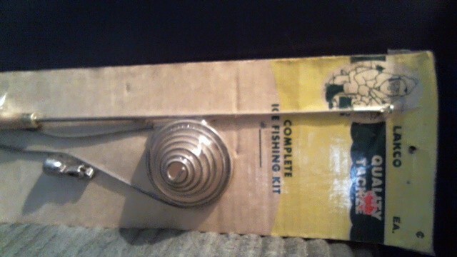 VINTAGE LAKCO COMPLETE ICE FISHING KIT – ROD JIG BELL HOLDER LINE BOBBER – #1