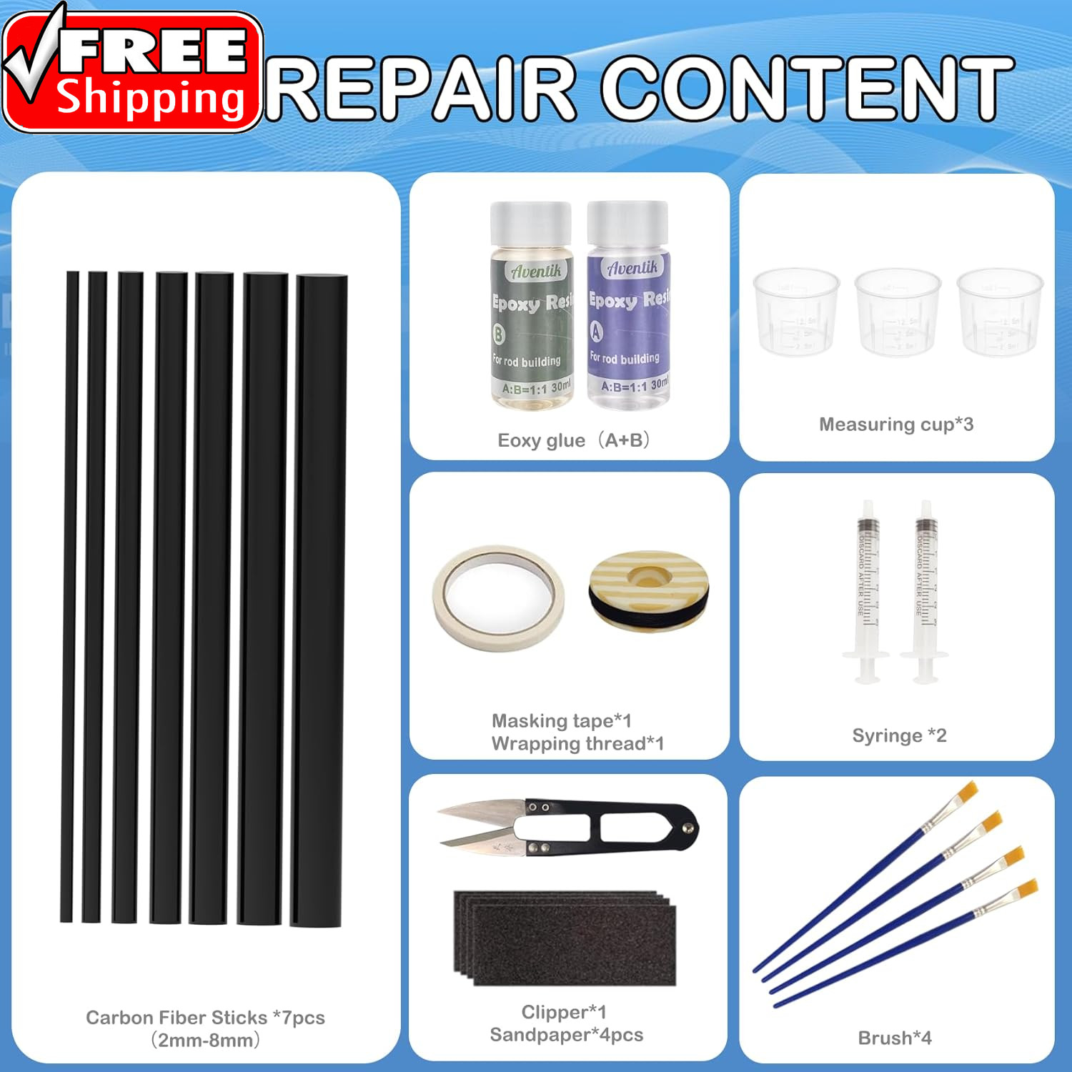 Fishing Rod Repair Kit Complete with Accesssories, Carbon Fiber Stick Fishing Po