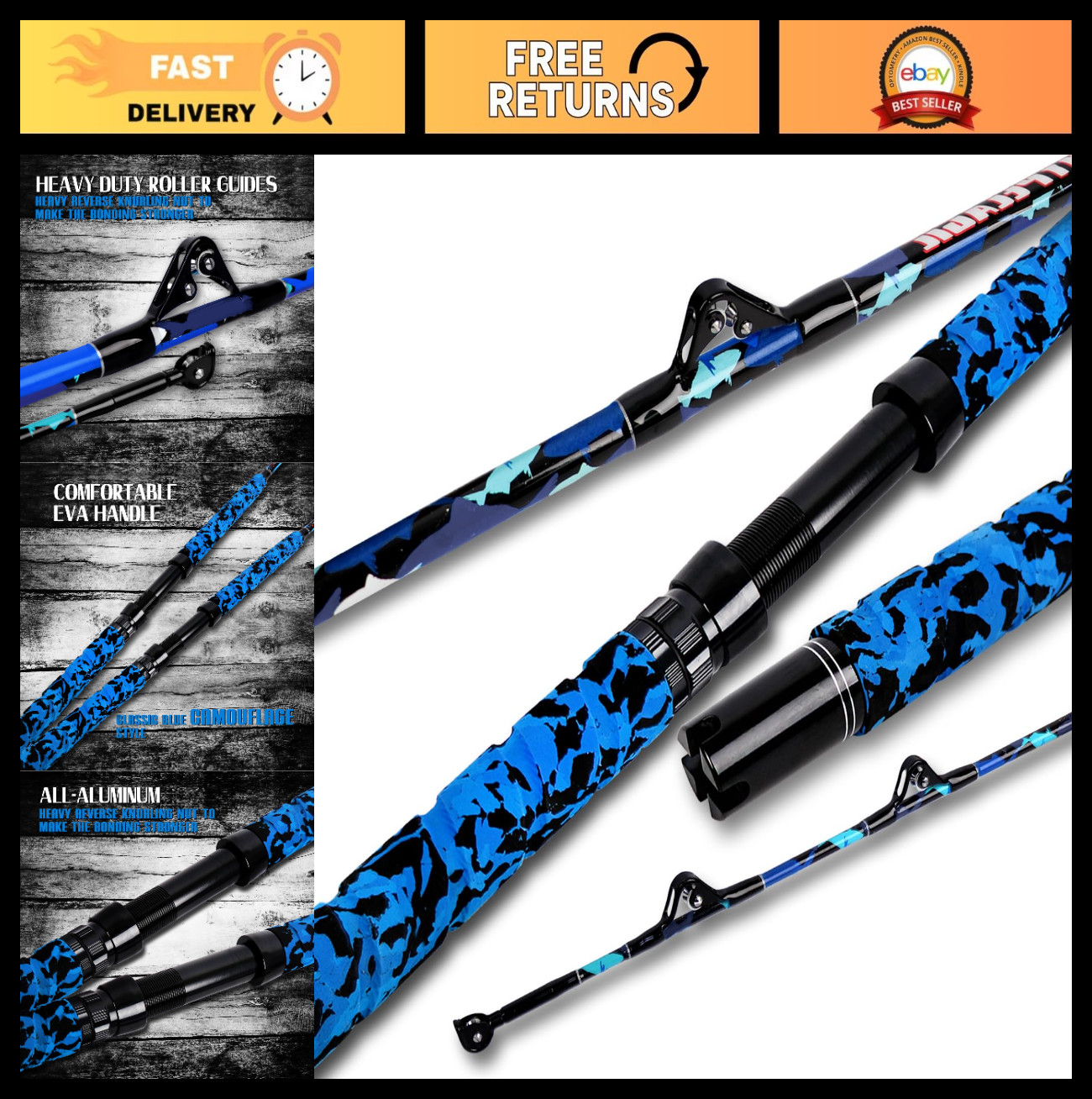 Saltwater Fishing Rod 1/2 Piece Offshore Trolling Big Game Deep Sea Pole 5’6″-7′