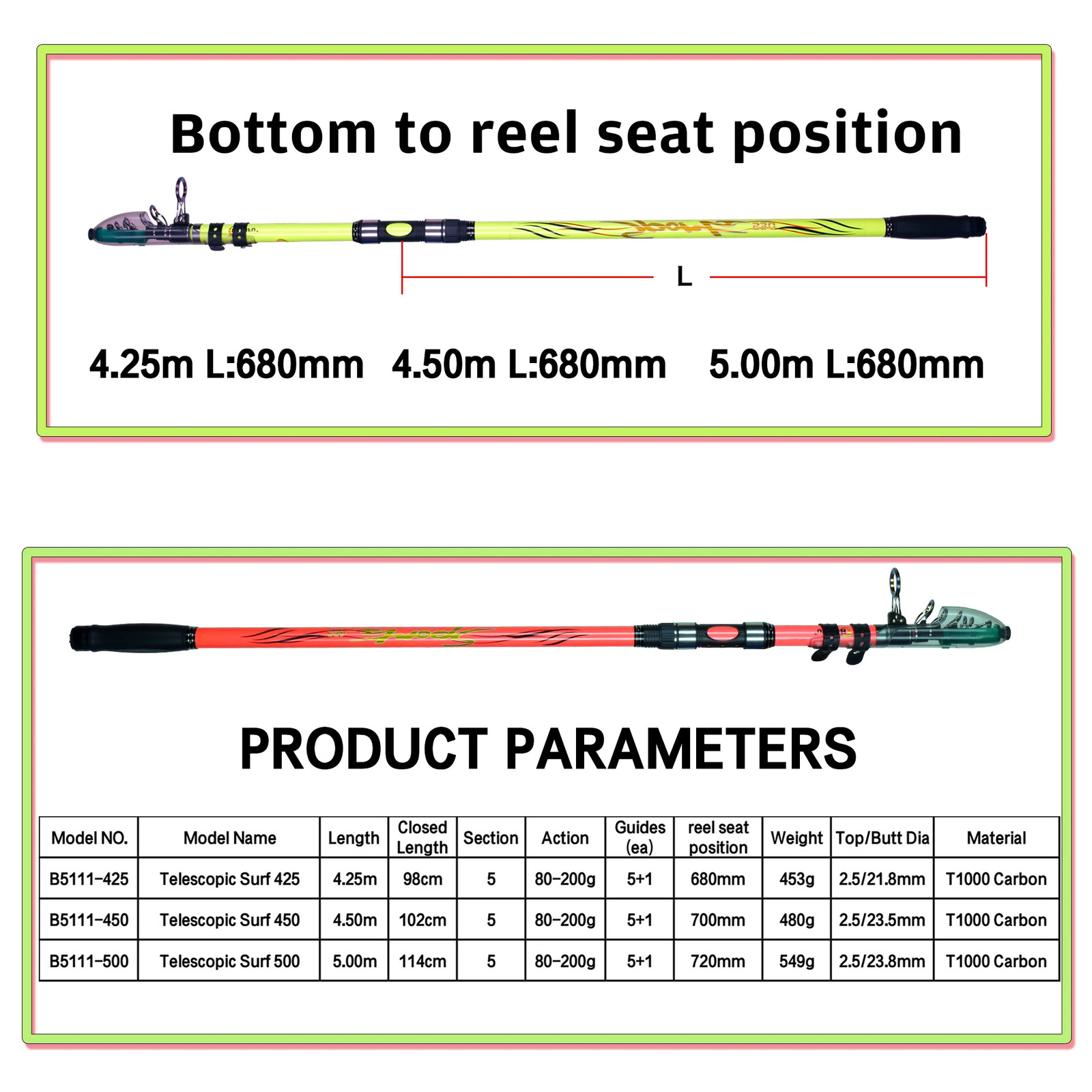 BIUTIFU Telescopic Surf Fishing Rod 4.2-5m Heavy Cast 80-200g Carbon Saltwater
