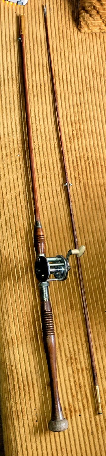 Bluecat Vintage Wood Casting Rod & Reel Combo 7.5 Ft 2pc Brown/Silver