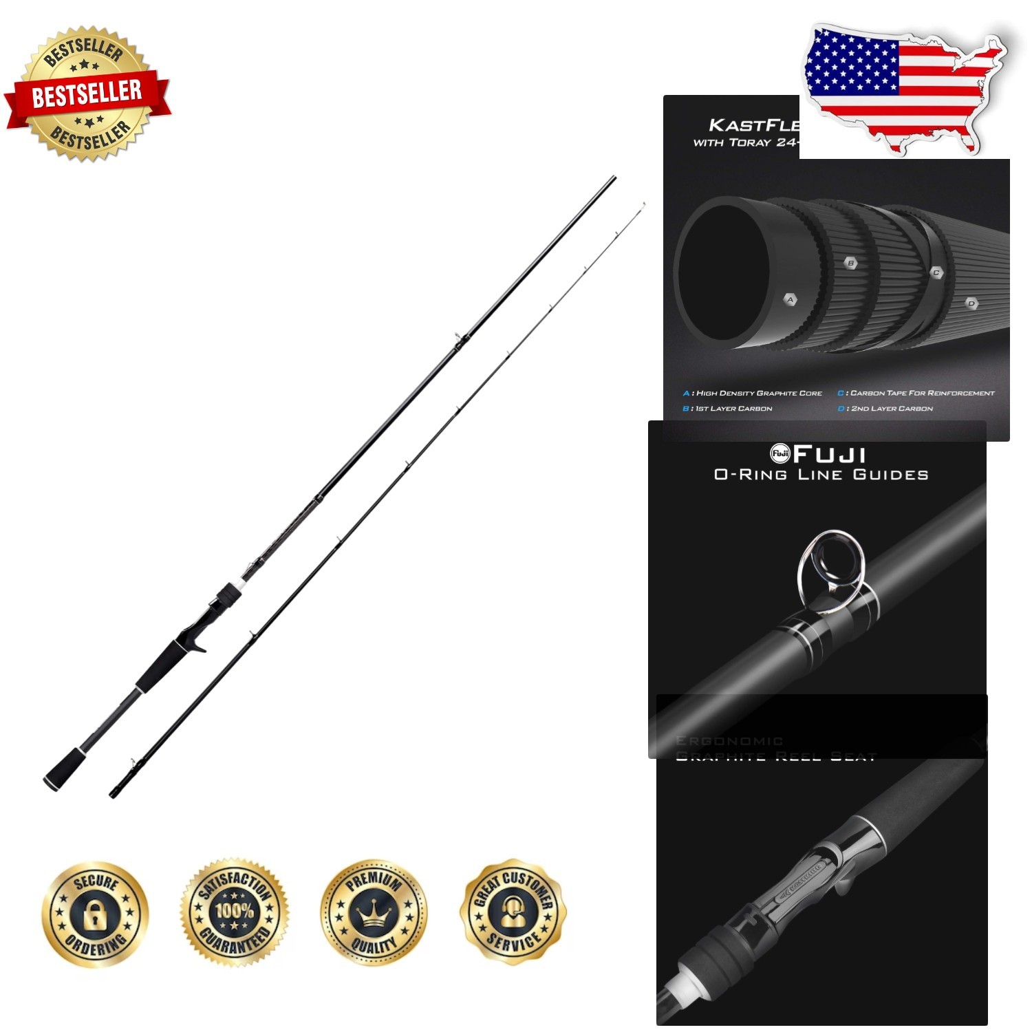 Perigee II 7′ MH Fast 2pc Carbon Rod, Fuji Guides, Bass Salmon Walleye