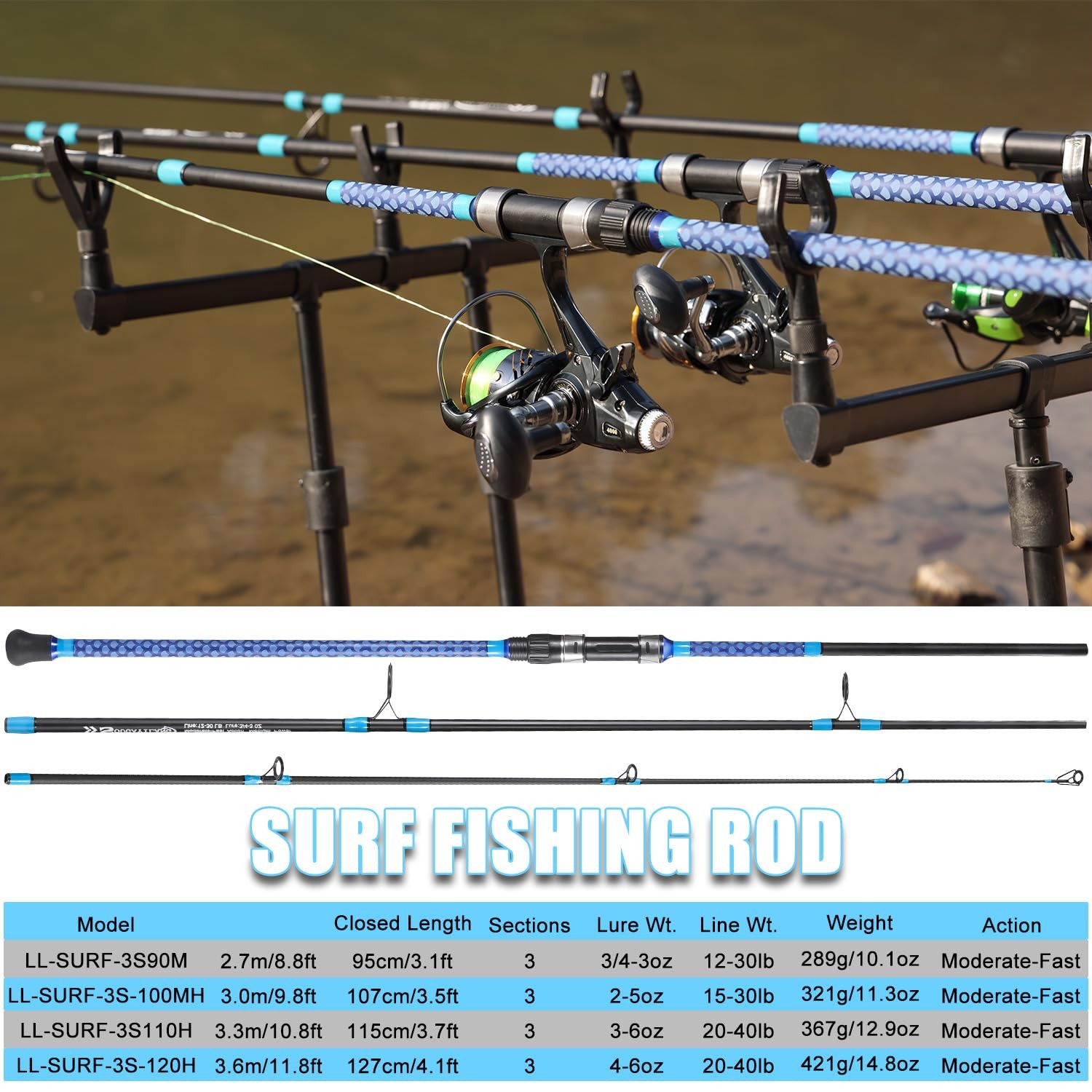 Sougayilang Surf Fishing Rod Carbon 3 Piece Spinning Travel 11′