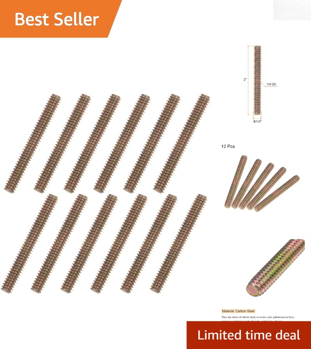 12pcs Zinc-Finished Carbon Steel Fully Threaded Rods 1/4″-20 x 2″ for DIY