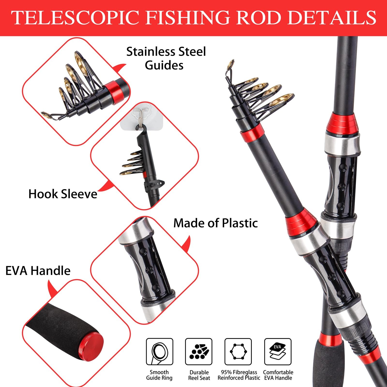 I00000 Black/Red 5.9ft Fiberglass Telescopic Fishing Rod & Reel Combo Kit