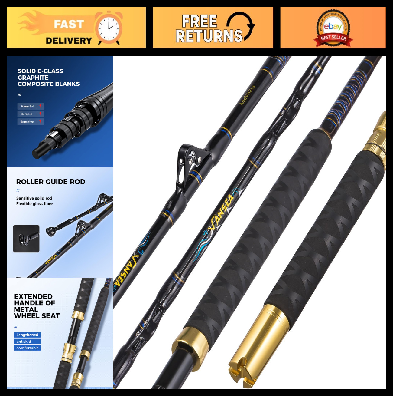 Heavy Duty Trolling Rod 5’1”/6′ – Saltwater Offshore Big Game Fishing Pole, Ben