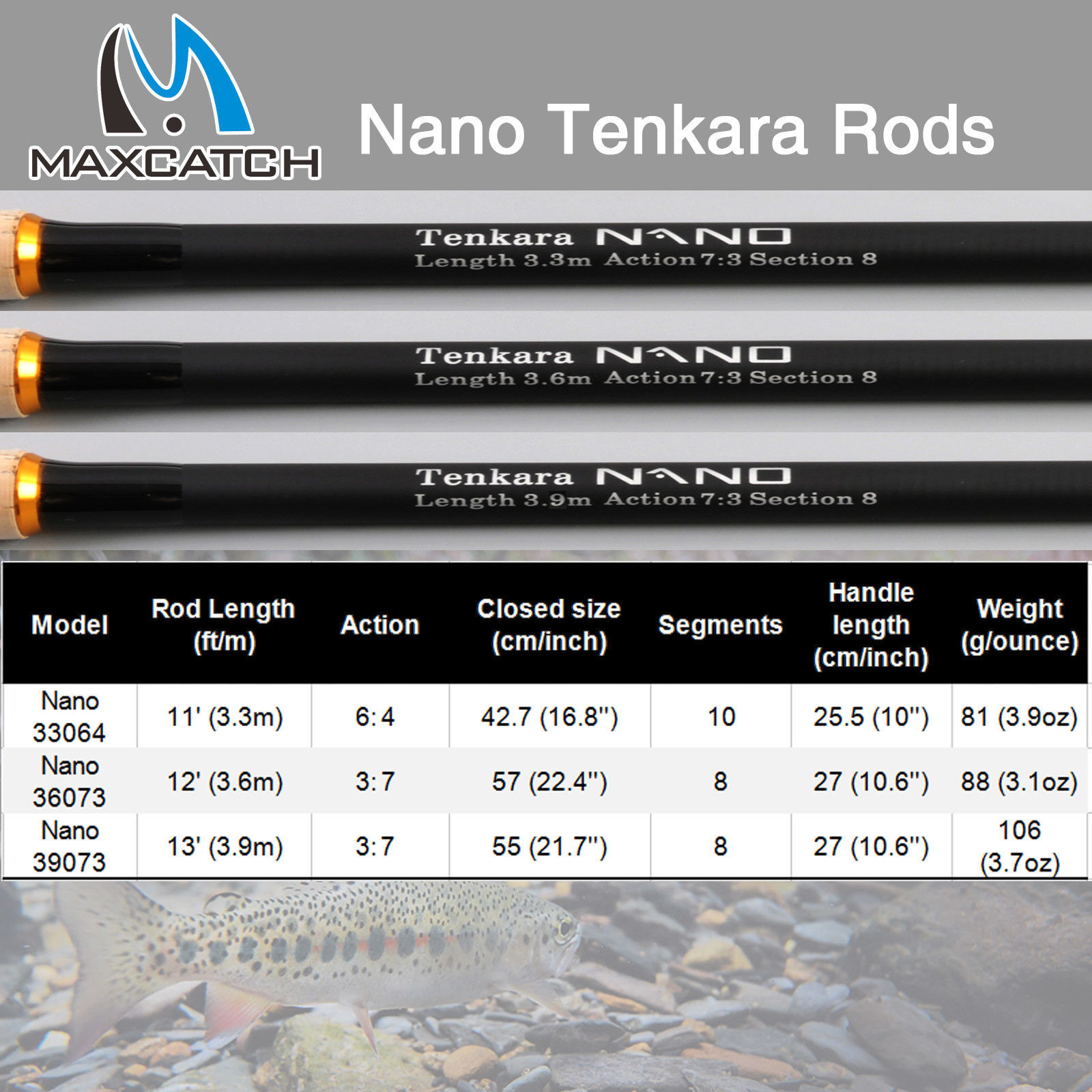 Maxcatch Nano Tenkara Rods 11’/12’/13′ IM12/40T Carbon Tube Telescopic Pole