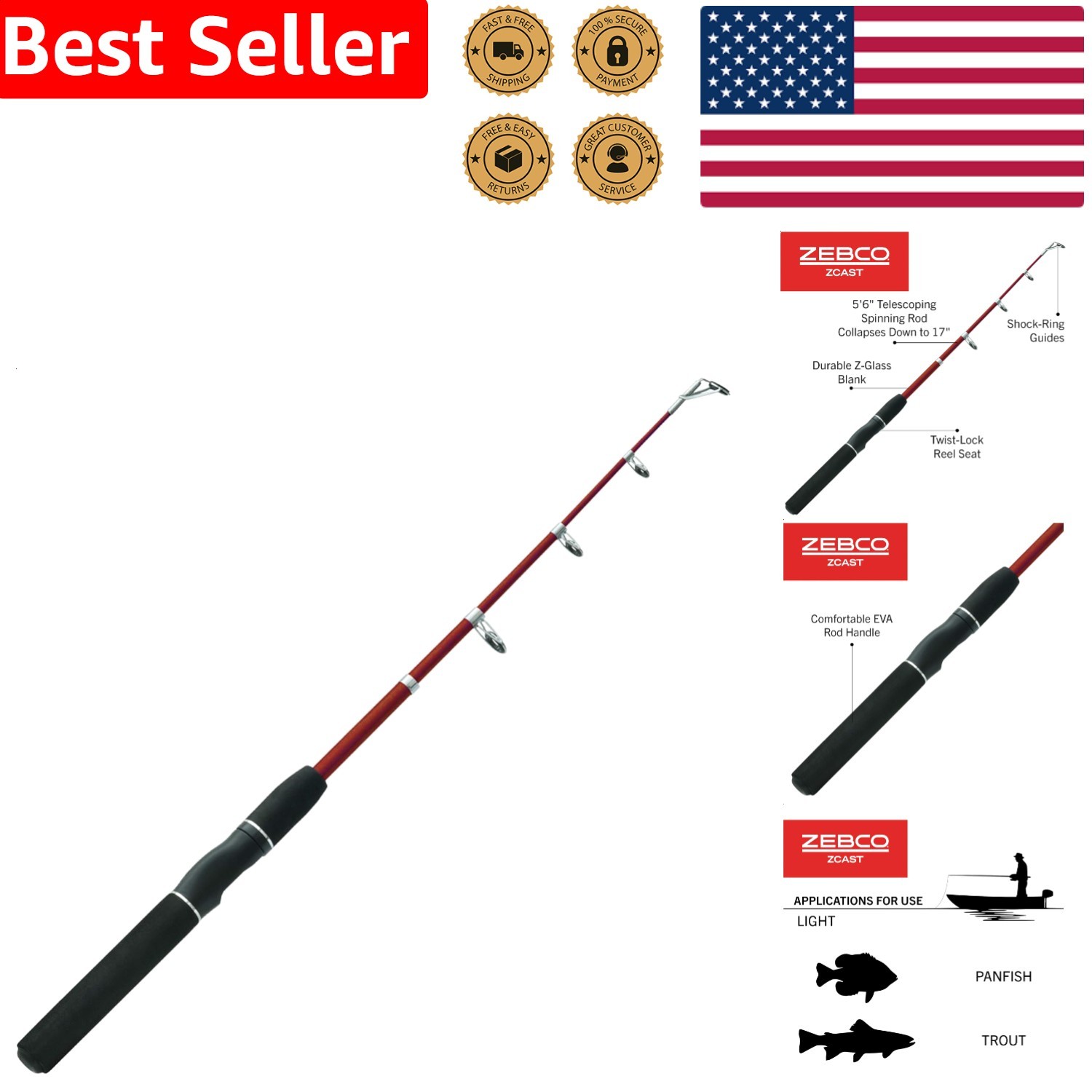 Fishing Pole Medium Power Fast Action Fiberglass Travel