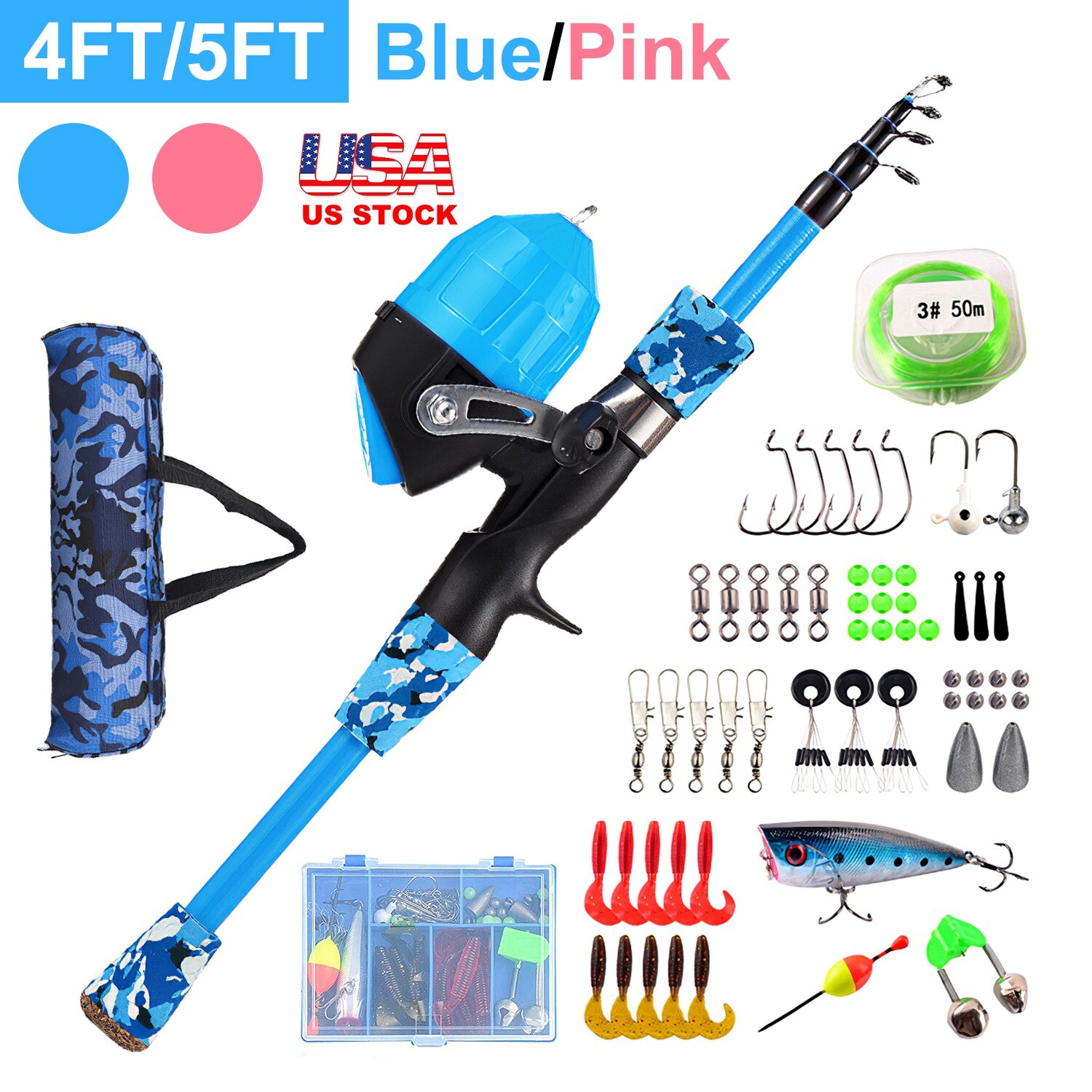 Portable Telescopic Fishing Rod and Spincast Reel Combo Full Fishing Tackle Kit