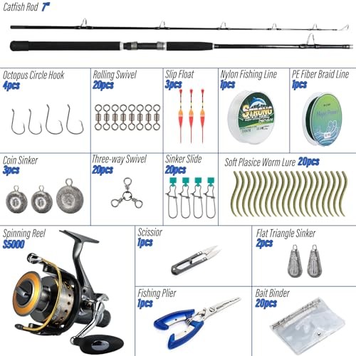 Catfish Rod and Reel Combo 7ft Spinning Trolling Rod Heavy Duty Catfish