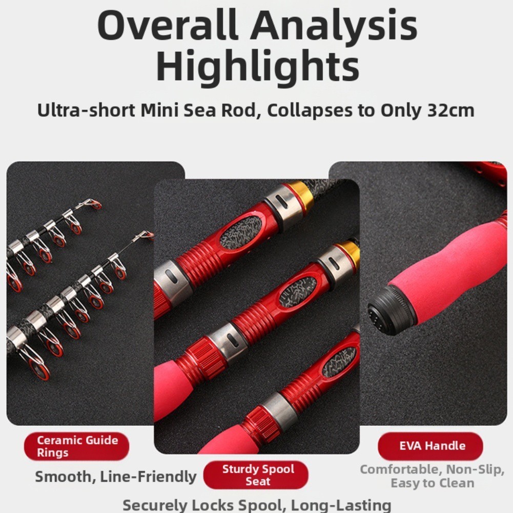 Portable Red Fishing Rod Set 1 to 2 Short Sea Pole with Hook Lures and Bag