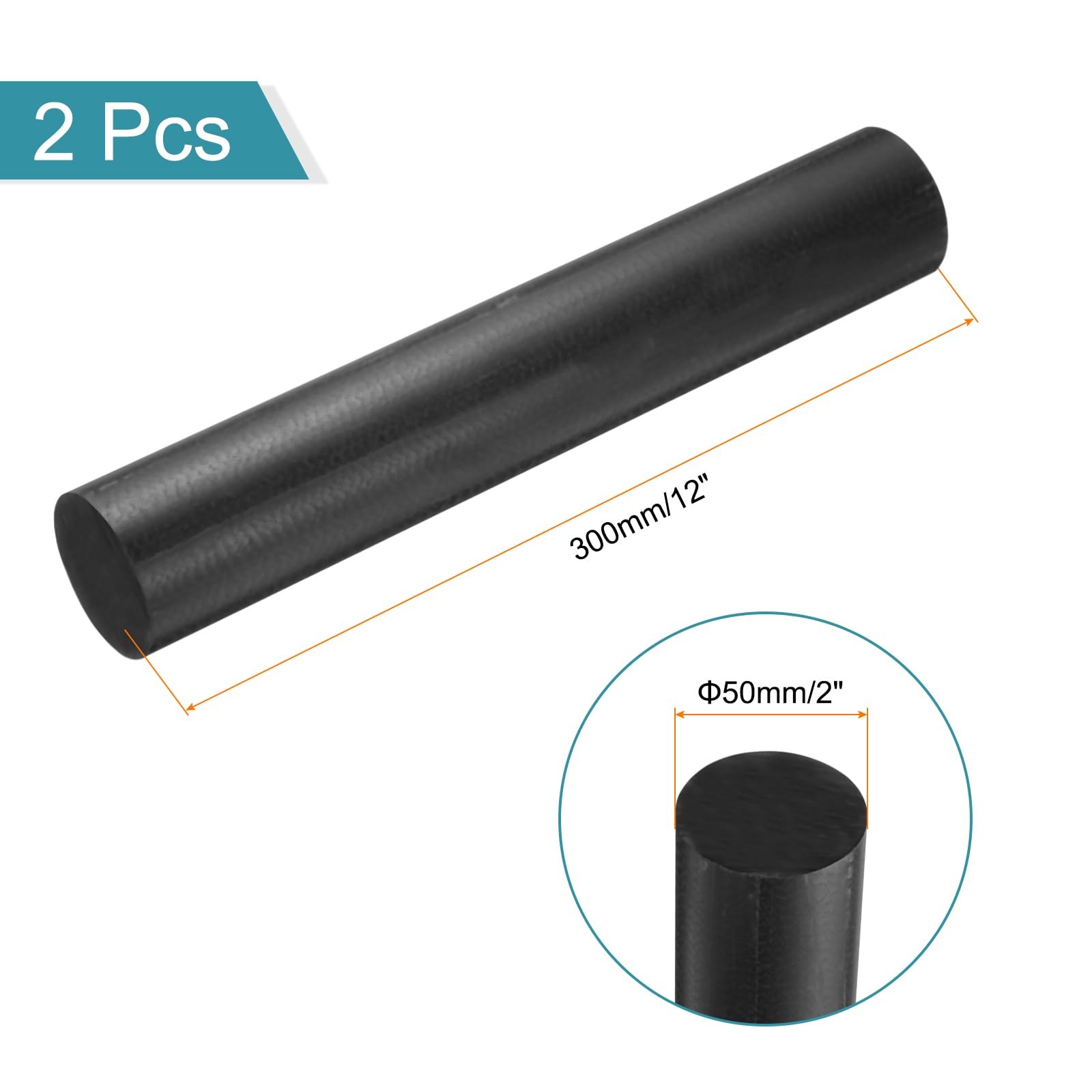 Black Round ABS Plastic Rod 2Inch Diameter 12Inch Length Rigid Craft 2 PCS