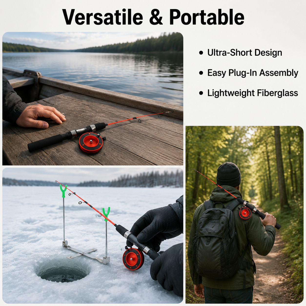Panfish Ice Fishing Rod Set, 1.2m Fiberglass Ice Fishing Combo with Spinning