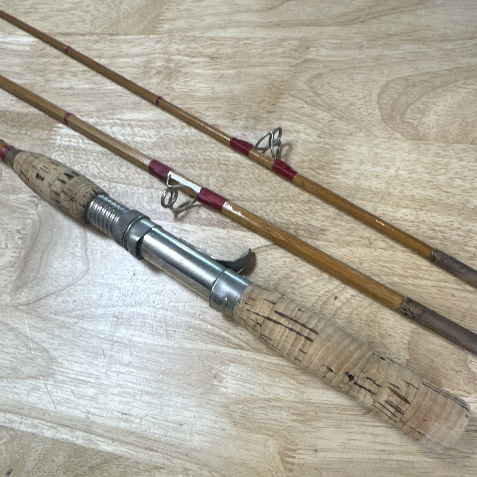 Vintage 3-Piece Bamboo casting Rod 5 ft Cork Metal Reel Seat refurbished