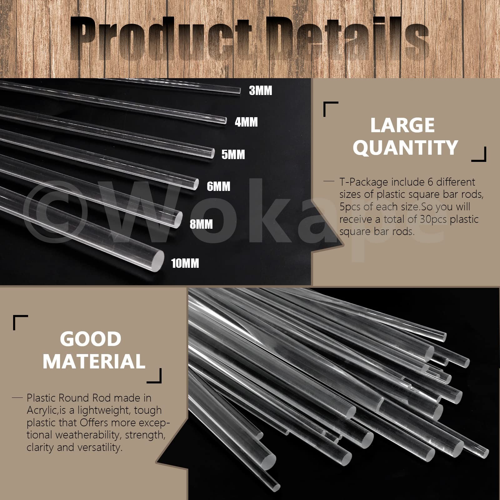 Acrylic Clear Rods Kit Dowel Plastic Round Rod 3/4/5/6/8/10mm 12 Inch 30 PCS