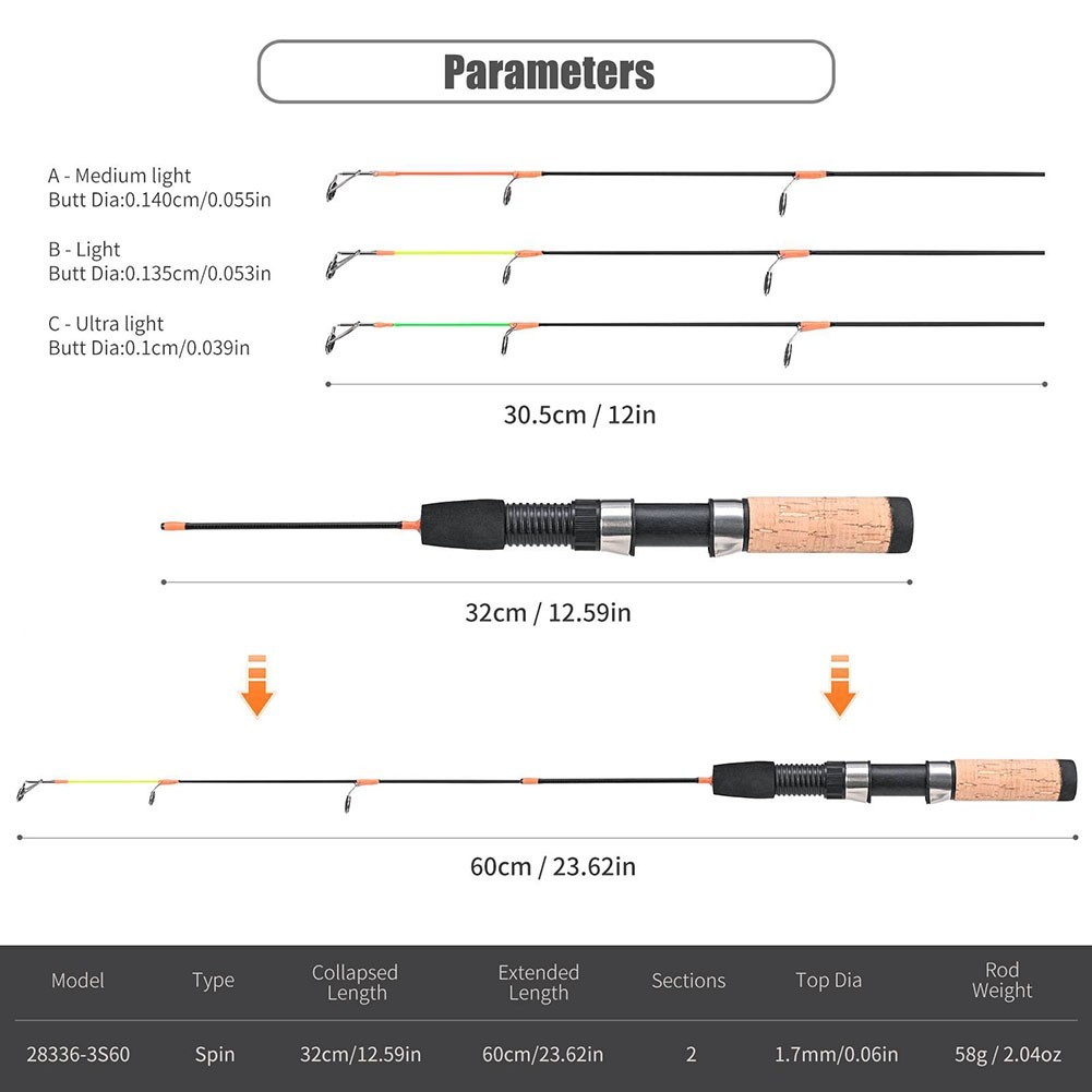 3260cm Ice Fishing Rod with Cork Handle and 3 Tips for Spin Travel Poles