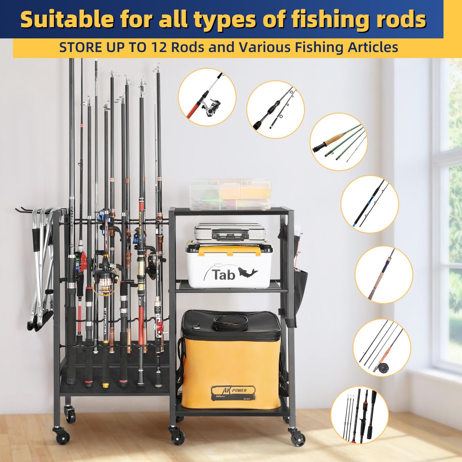 Olakee Rolling Fishing 17.3 inches x 7.09 x 13.39 inches, 12 Rod,Black