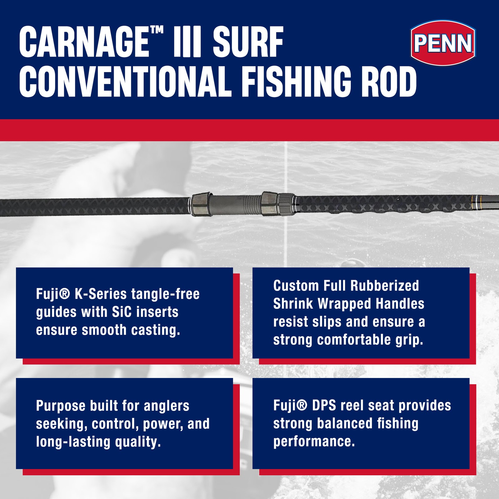 PENN Carnage III Conventional Surf Rod, 10′ Fishing Pole, Medium Power