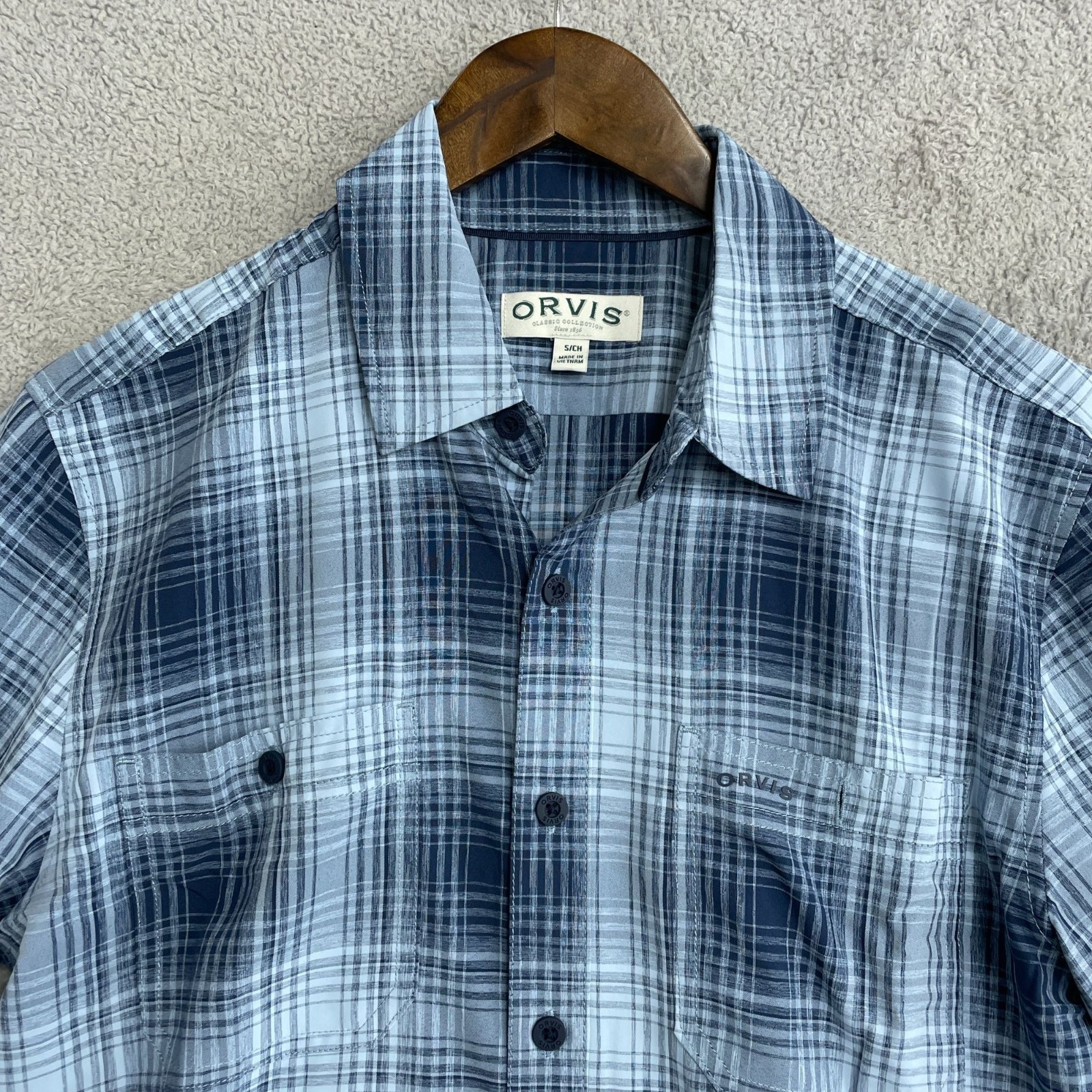 Orvis Men’s S Short Sleeve Tech Shirt Button up Outdoor UPF 30 Blue N0739