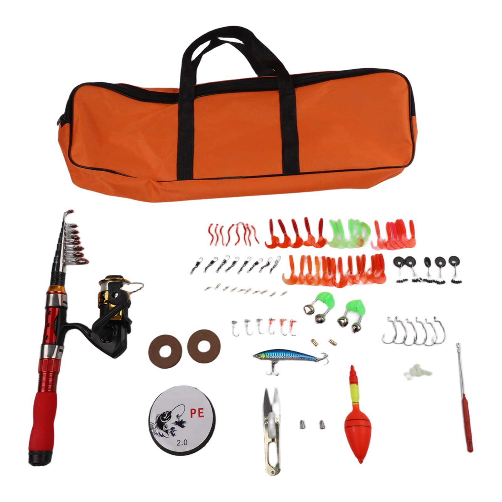 Portable Red Fishing Rod Set 1 to 2 Short Sea Pole with Hook Lures and Bag