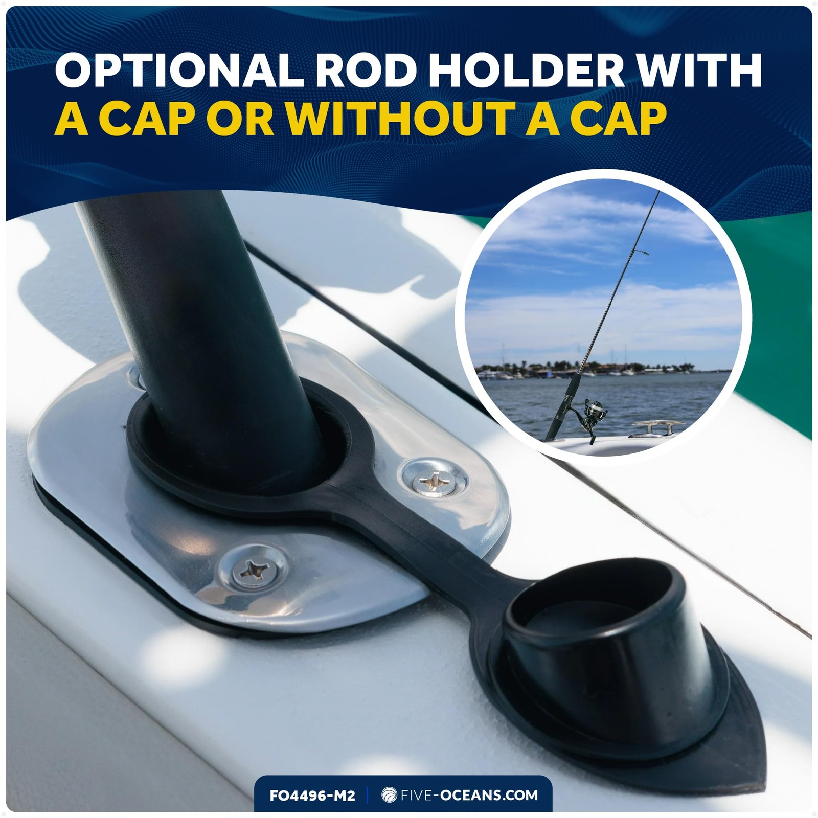 Five Oceans Stainless Steel Flush-Mount Fishing Rod Holder 15-Degree Top Flange