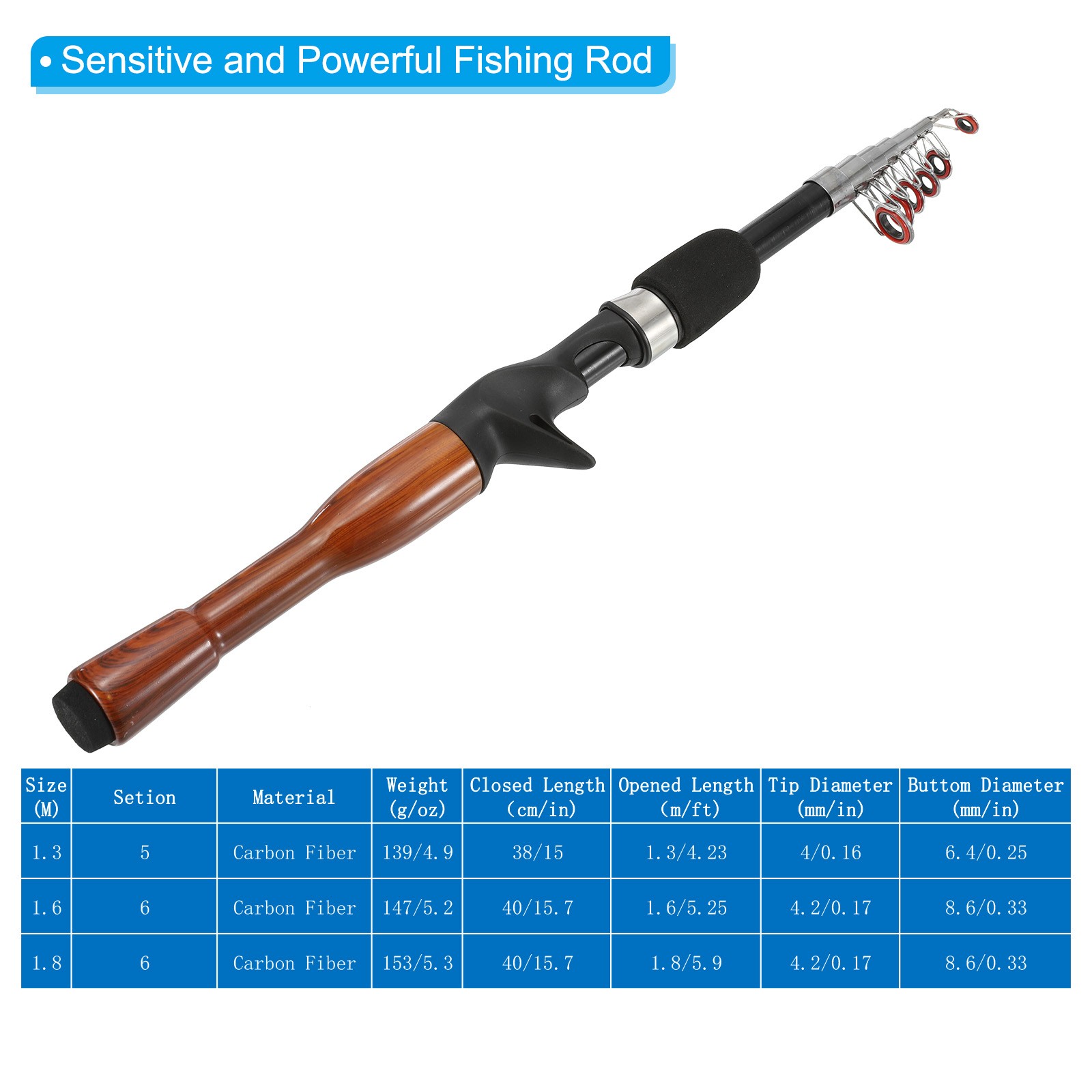 Telescopic Fishing Rod 1.6 M, Fiberglass Fishing Pole, Black & Wood Color