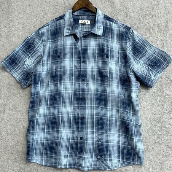 NEW Orvis Men’s XL Short Sleeve Tech Shirt Blue Plaid Outdoor UPF 30
