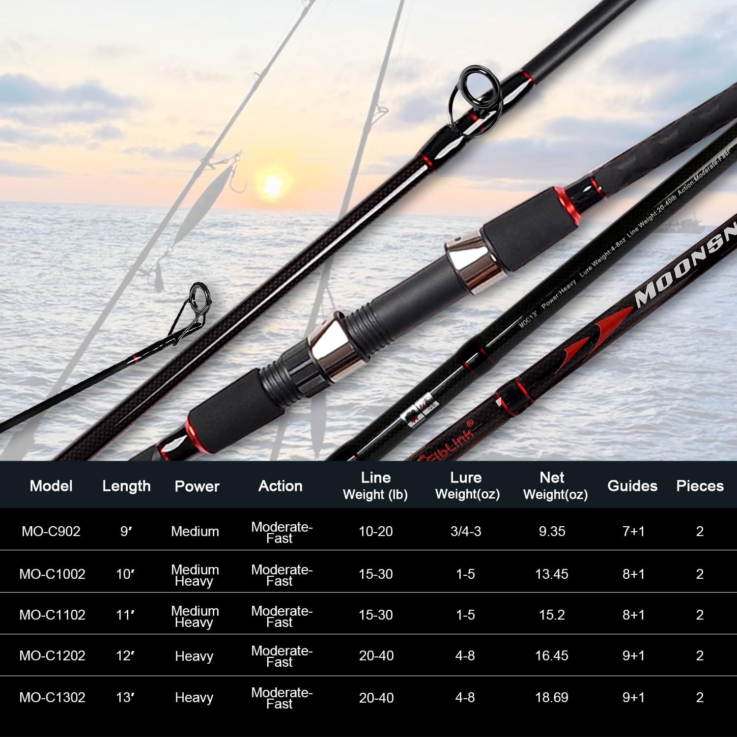 Fiblink Surf Casting Fishing Rod 2-Piece Graphite Travel Baitcasting Fishing