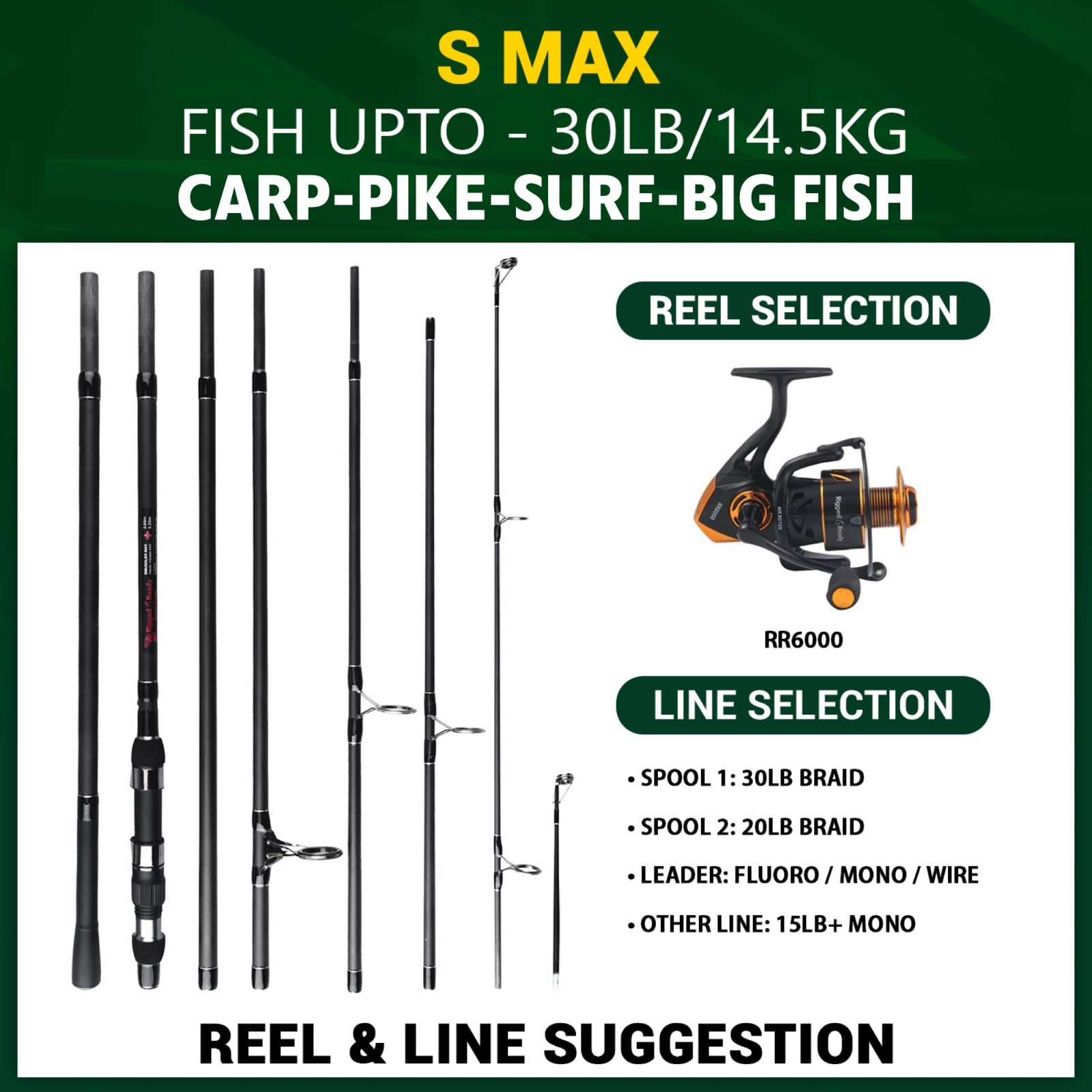 S Max Strong Predator Surf Compact Multi-use Travel Fishing Rod & Case 11’ 10”