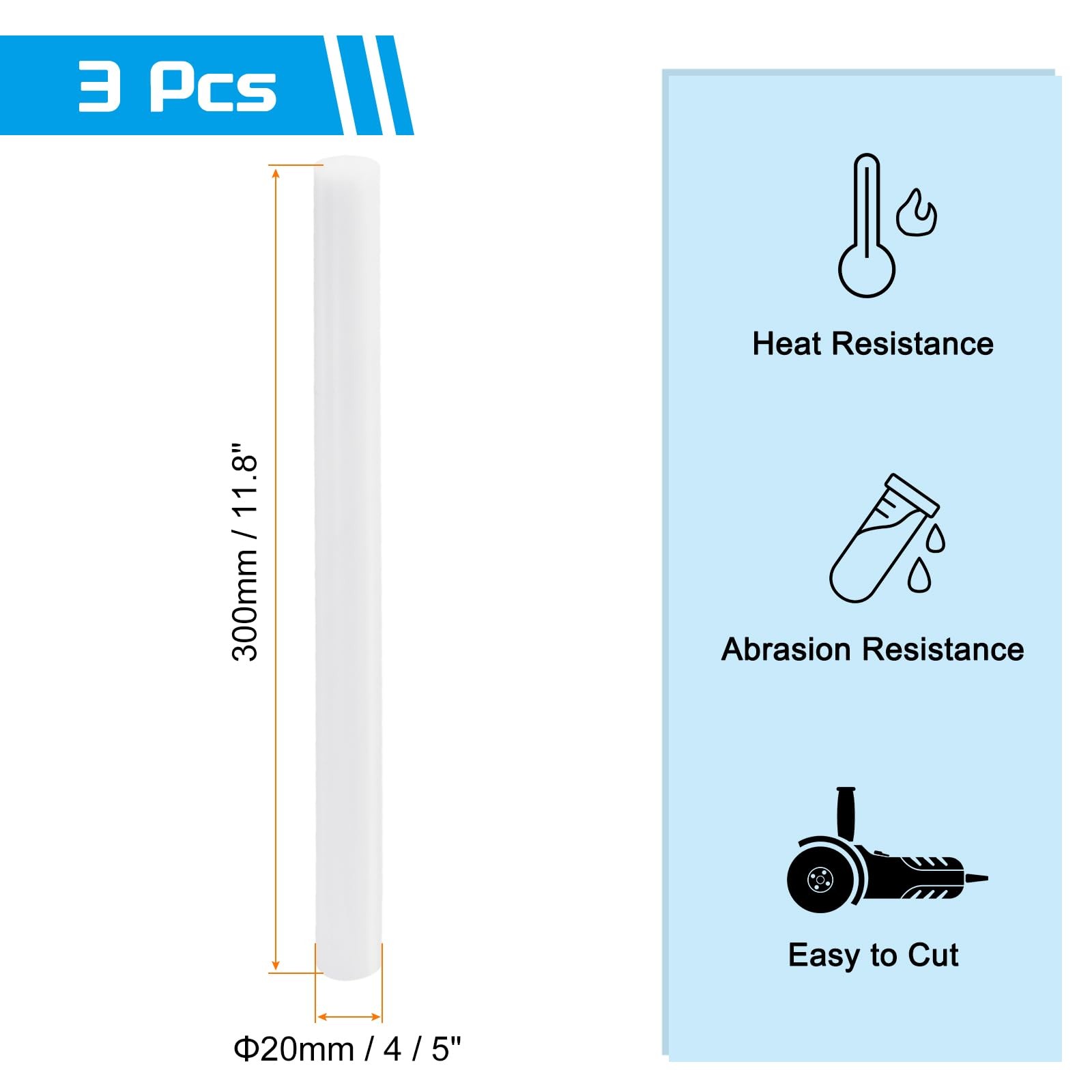 3 Pack ABS Plastic Rod, 20mm x 300mm, White Round Solid Bar, DIY Model Making