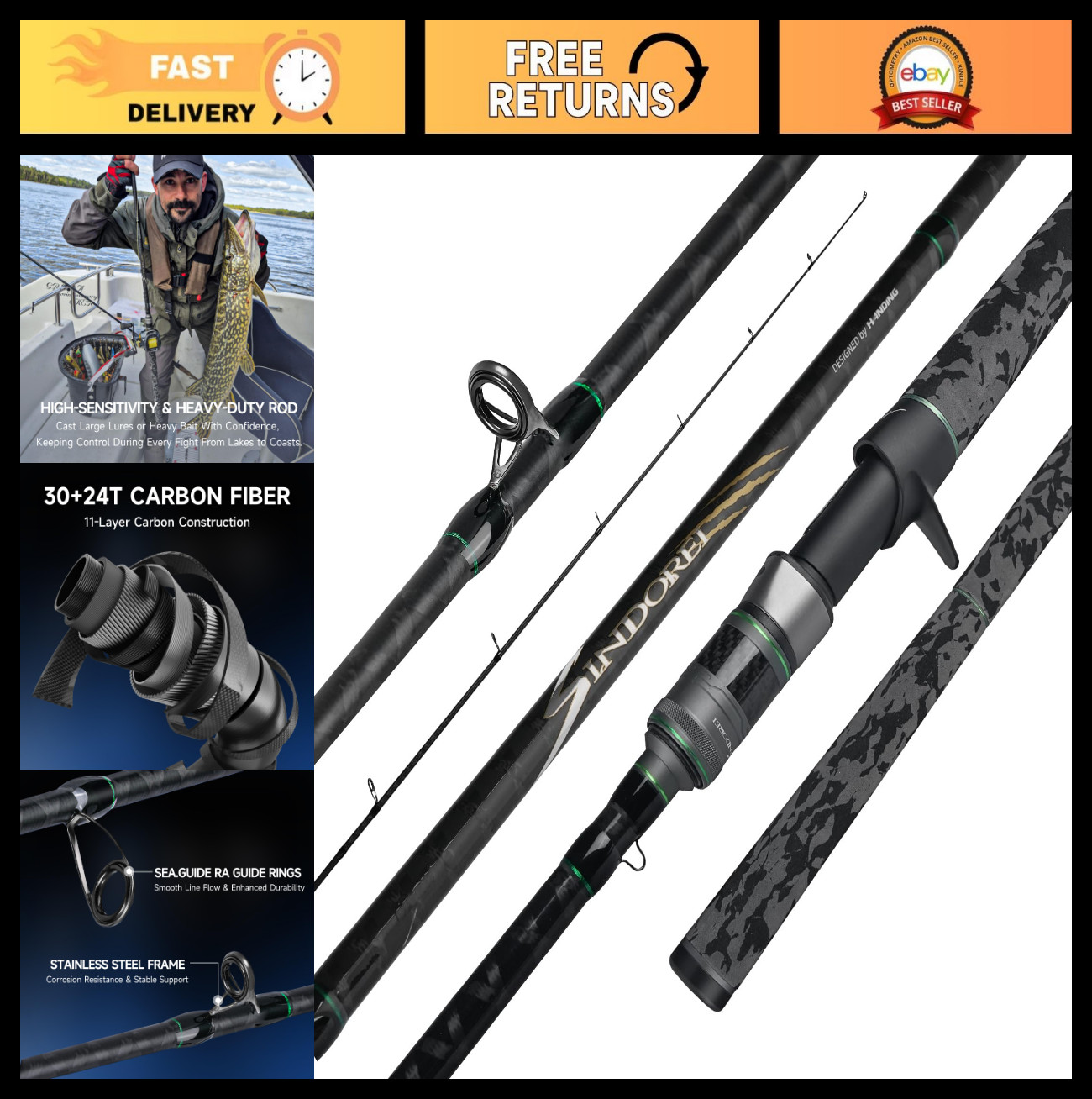Heavy Fishing Rod 2-Piece Casting & Spinning, Big Game for Catfish, Musky, Strip