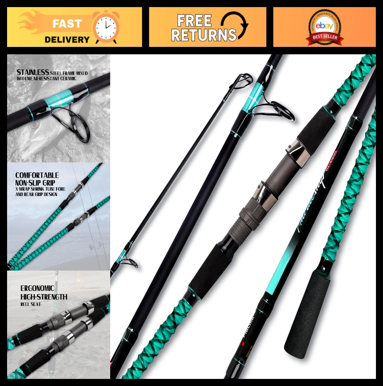 Portable Travel Surf Fishing Rod – 2/3/4 Piece Carbon Fiber Saltwater Spinning 9