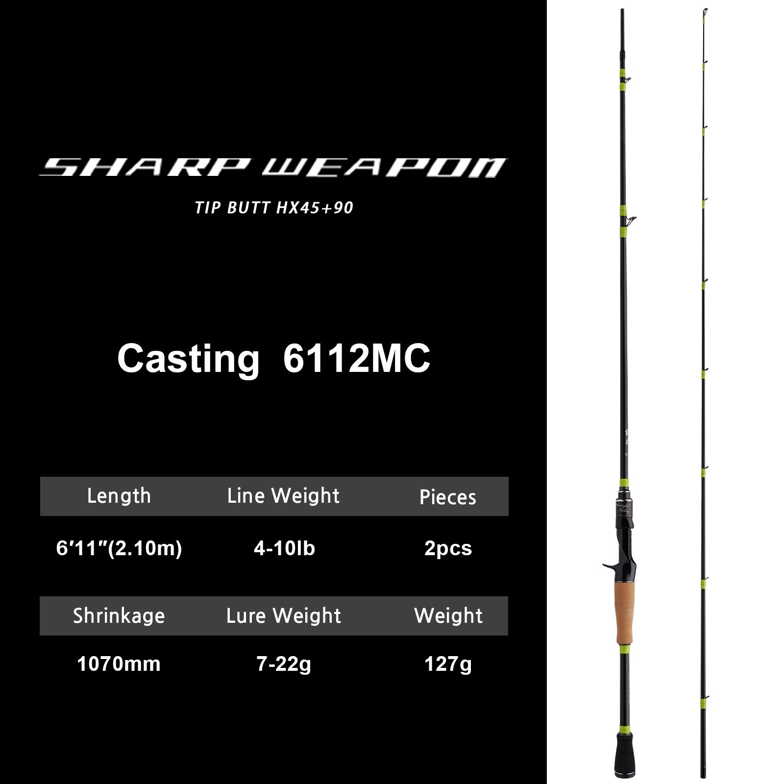 SHARP Fishing Rod Cast/Spin 2-Piece 6’6″-6’11”
