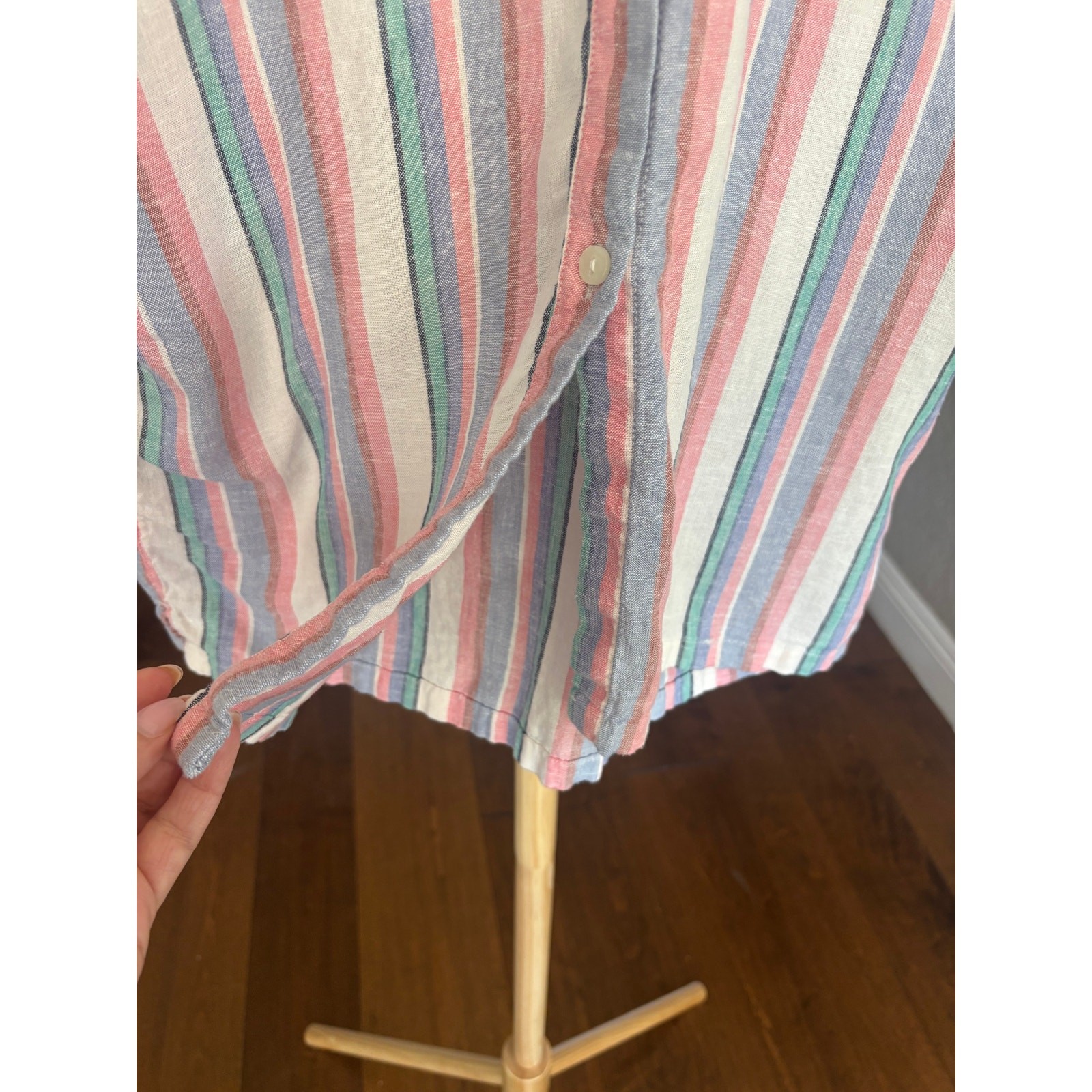 Orvis Classic Collection Multicolor Stripe Linen Blend SS Button Down Shirt M