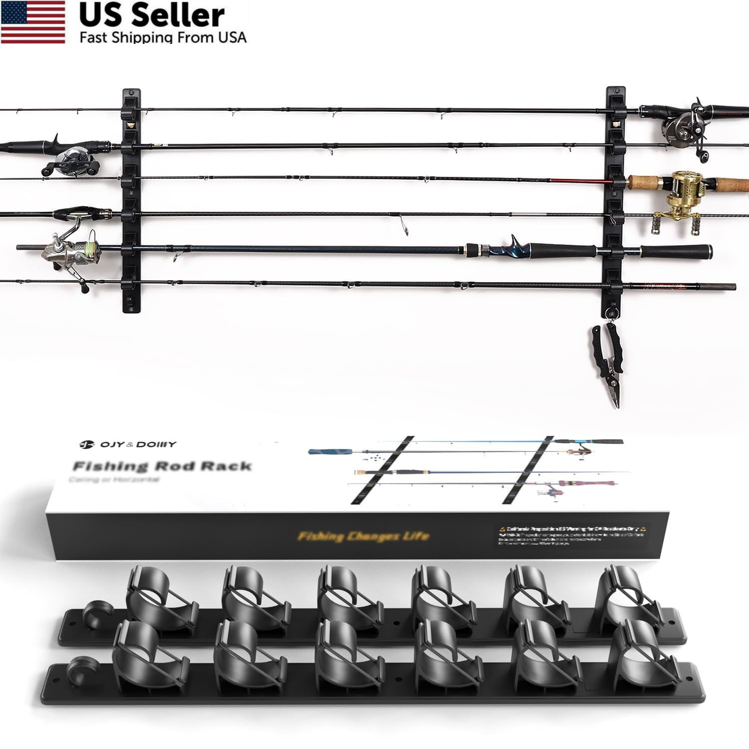 OJYDOIIIY Wall Mount Fishing Rod 14 x 4.7 x 1.4 inches, 1 Pack, 6 Rods