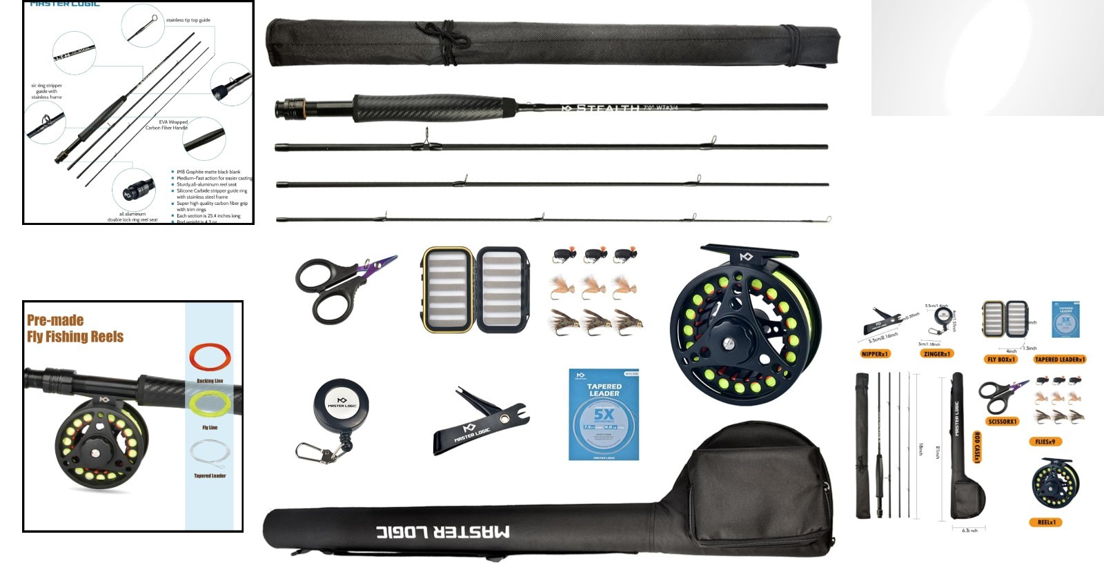 Stealth Fly Fishing Rod Combo Kit, 4-Pc Carbon Fiber Set with Reel & Accessories